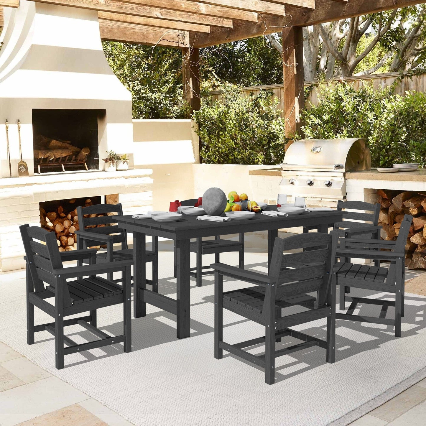 Ensemble de 7 tables à manger d'extérieur en PEHD avec trou pour parasol - 1 table et 6 chaises