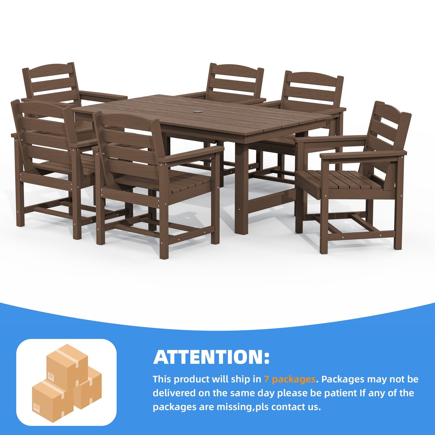 Ensemble de 7 tables à manger d'extérieur en PEHD avec trou pour parasol - 1 table et 6 chaises