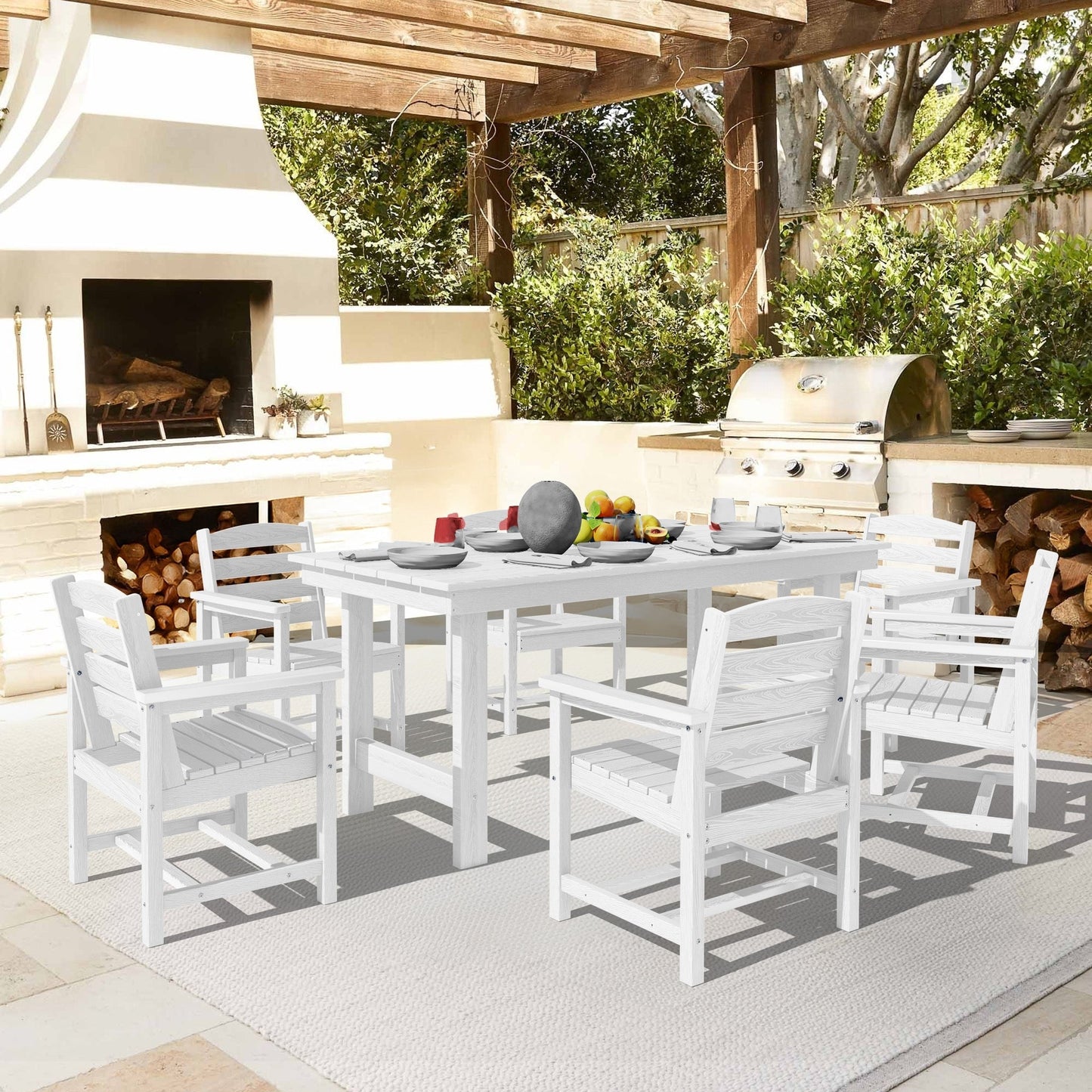 Ensemble de 7 tables à manger d'extérieur en PEHD avec trou pour parasol - 1 table et 6 chaises