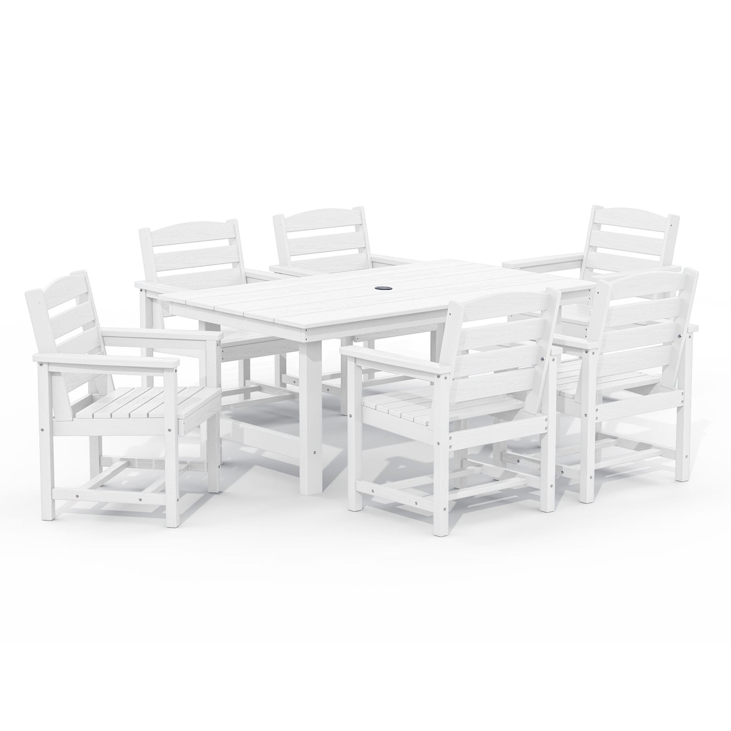 Ensemble de 7 tables à manger d'extérieur en PEHD avec trou pour parasol - 1 table et 6 chaises