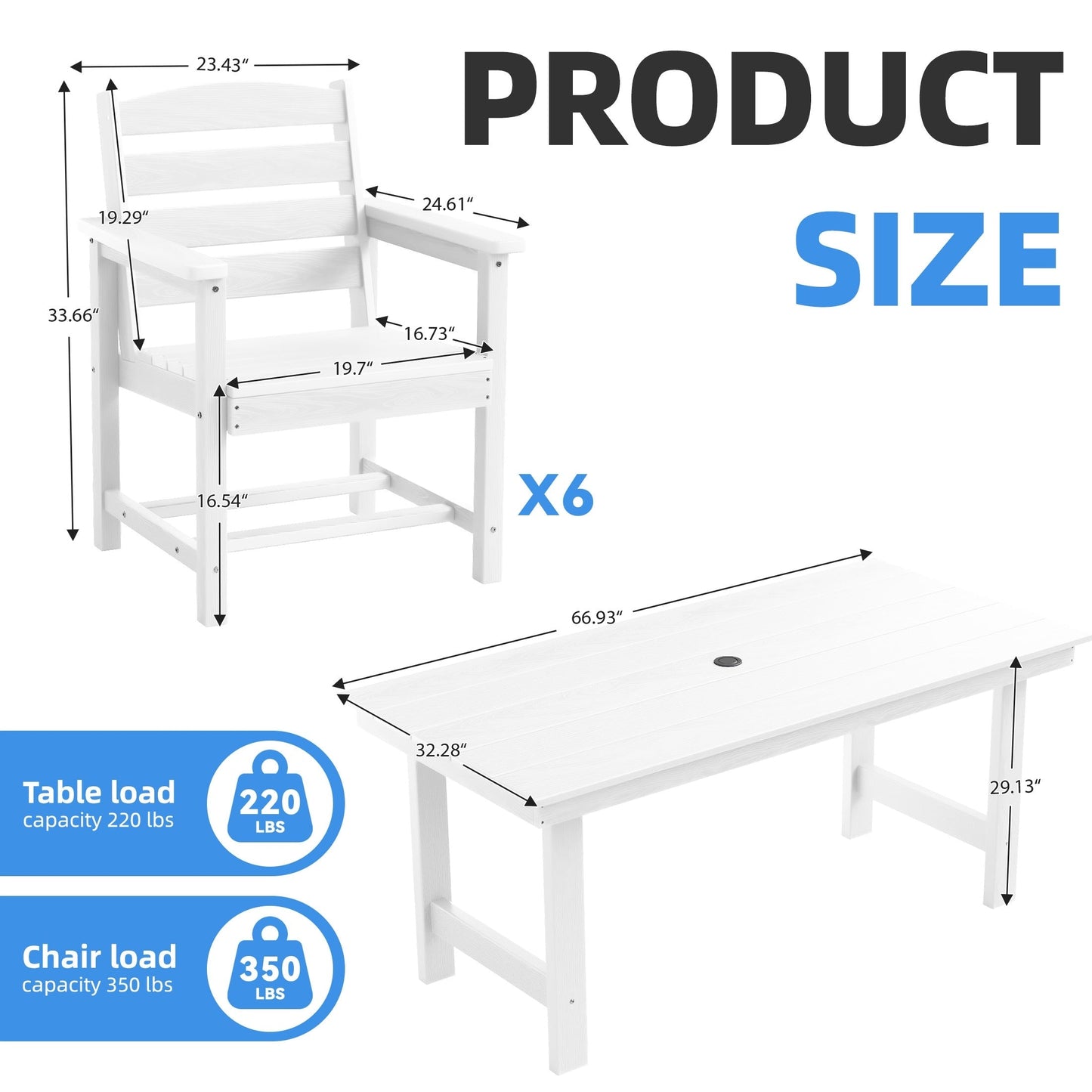 Ensemble de 7 tables à manger d'extérieur en PEHD avec trou pour parasol - 1 table et 6 chaises