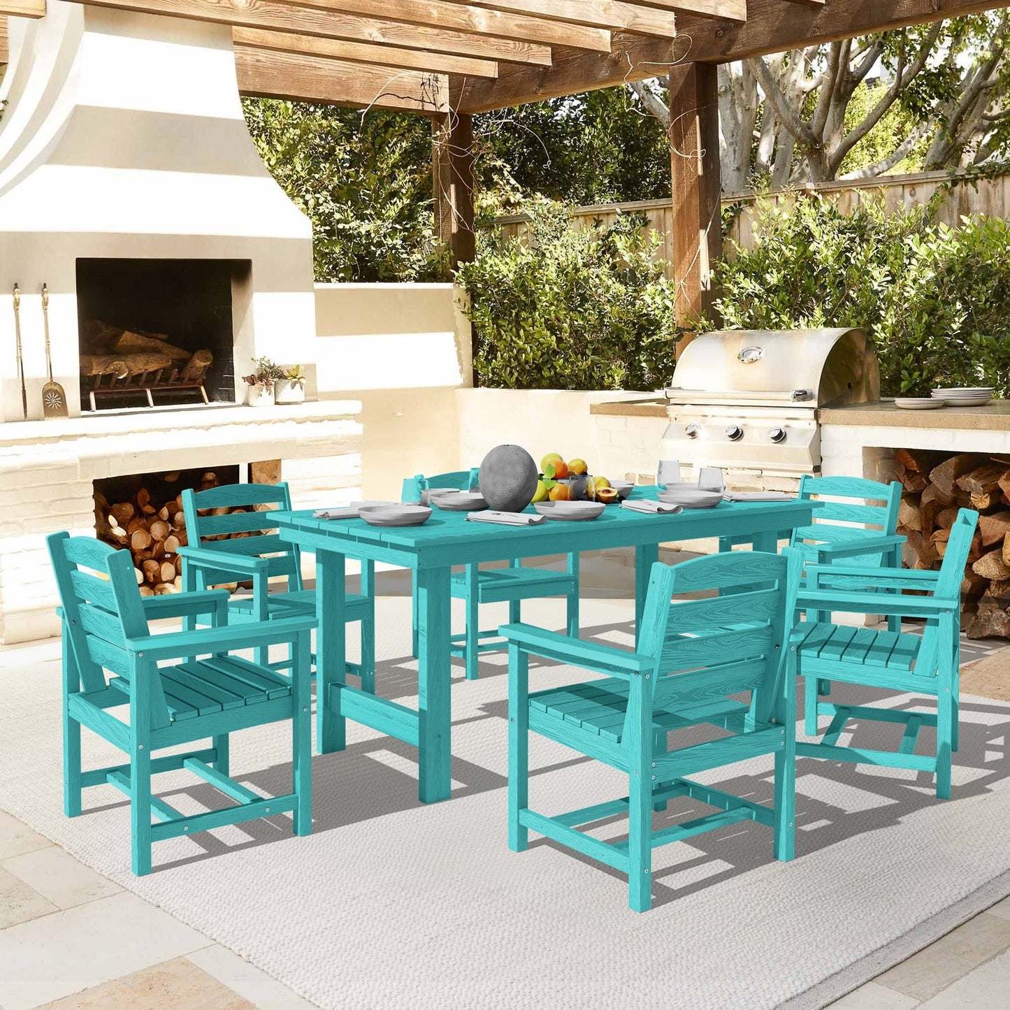 Ensemble de 7 tables à manger d'extérieur en PEHD avec trou pour parasol - 1 table et 6 chaises