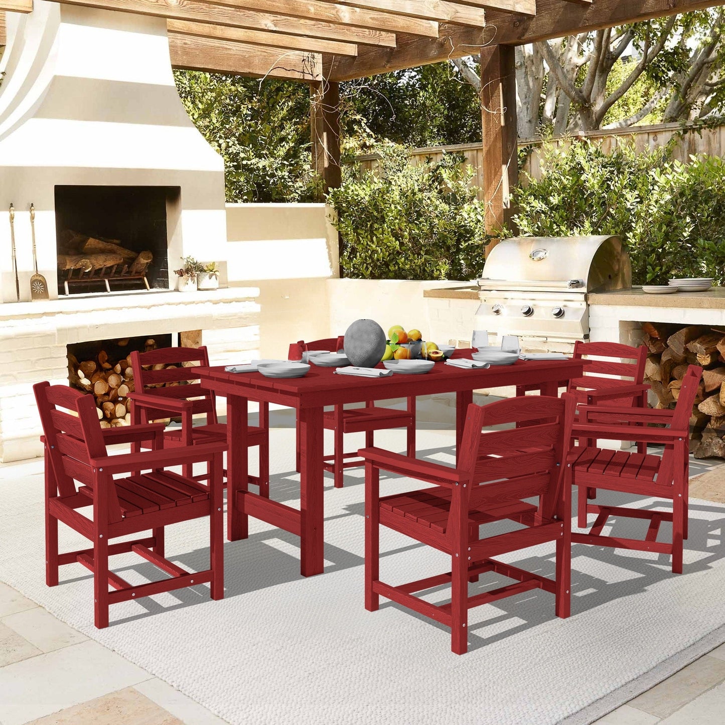 Ensemble de 7 tables à manger d'extérieur en PEHD avec trou pour parasol - 1 table et 6 chaises