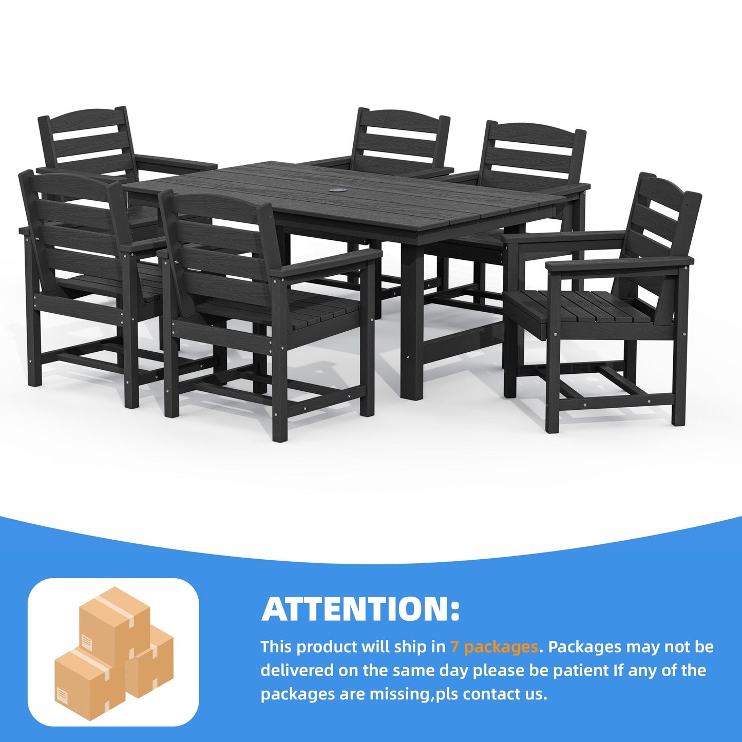 Ensemble de 7 tables à manger d'extérieur en PEHD avec trou pour parasol - 1 table et 6 chaises