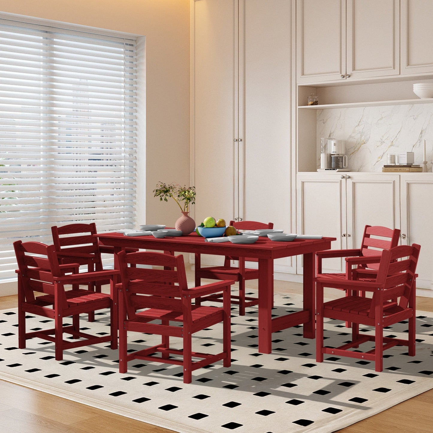 Ensemble de 7 tables à manger d'extérieur en PEHD avec trou pour parasol - 1 table et 6 chaises