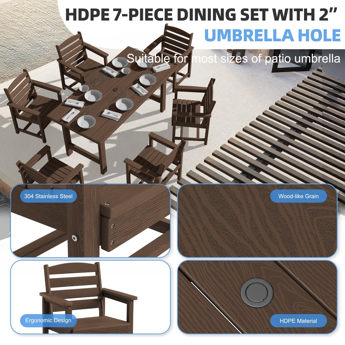 Ensemble de 7 tables à manger d'extérieur en PEHD avec trou pour parasol - 1 table et 6 chaises