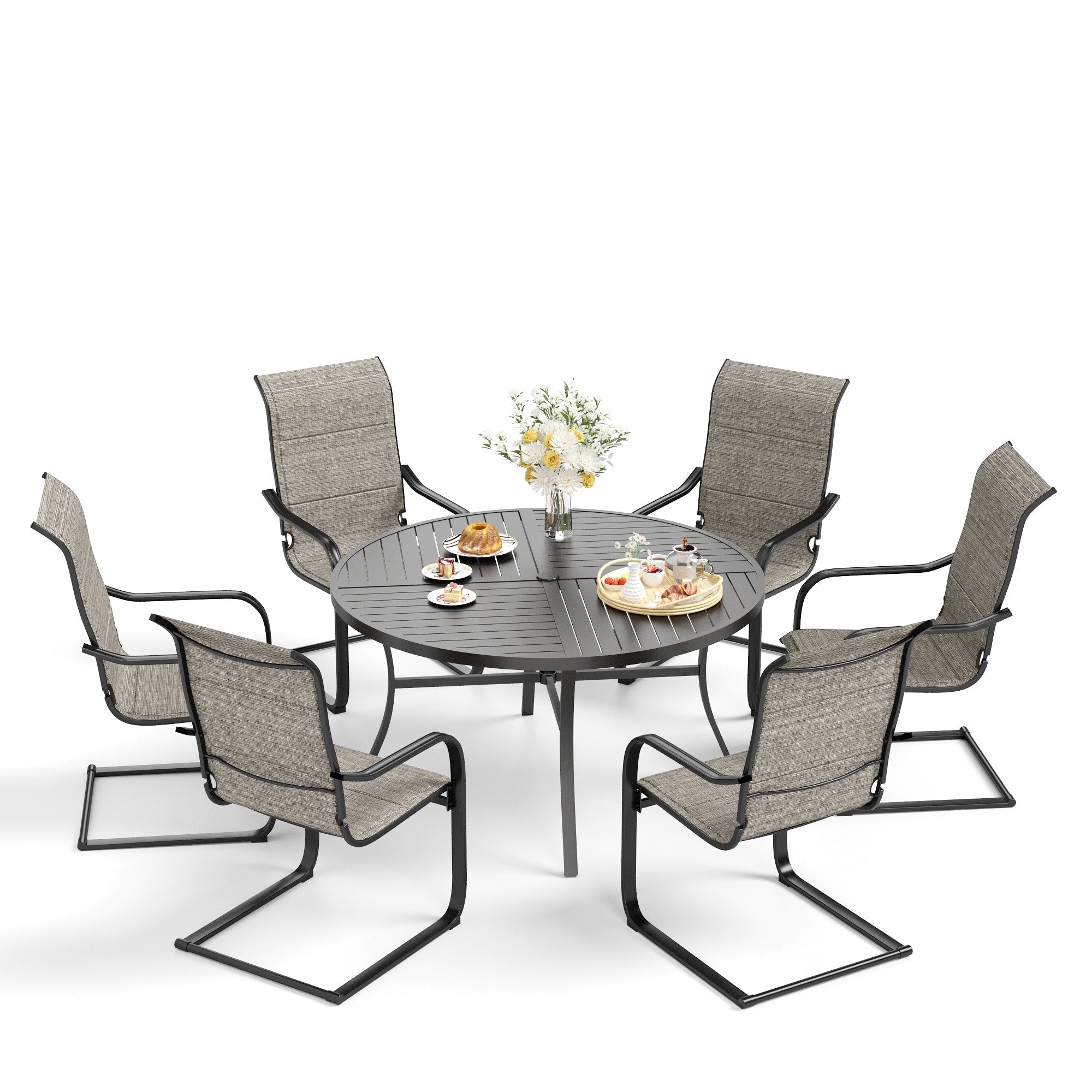 Ensemble de salle à manger de patio 7 pièces MAISON ARTS, grande table à manger ronde avec trou pour parasol et chaises à bascule en textilène à ressorts en C