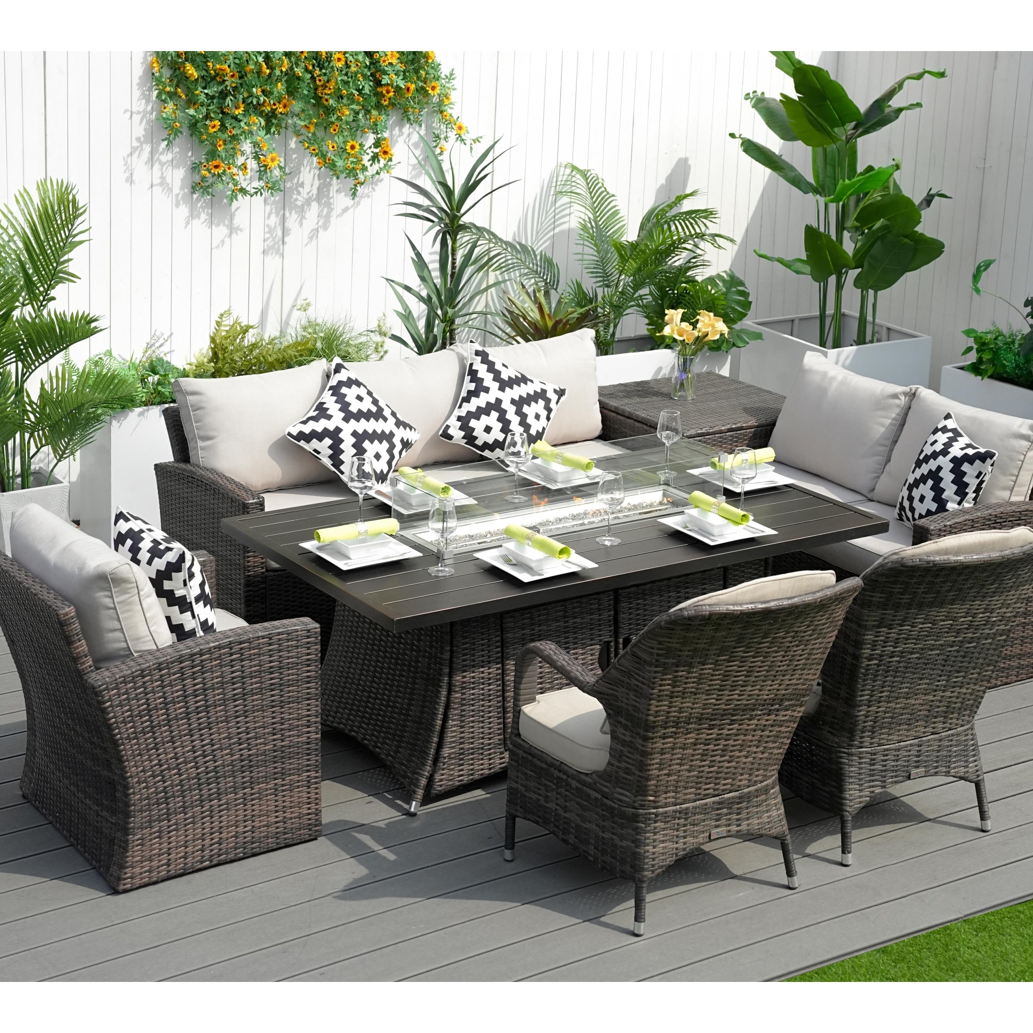 Ensemble de salle à manger de patio 7 pièces avec table et foyer en aluminium