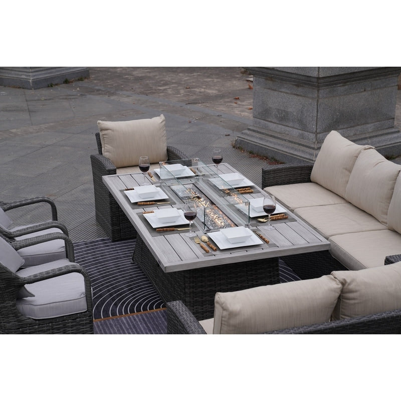 Ensemble de 7 canapés de patio en rotin avec table à manger et fauteuils en aluminium