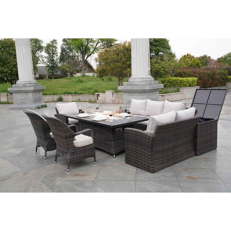 Ensemble de 7 canapés de patio en rotin avec table à manger et fauteuils en aluminium