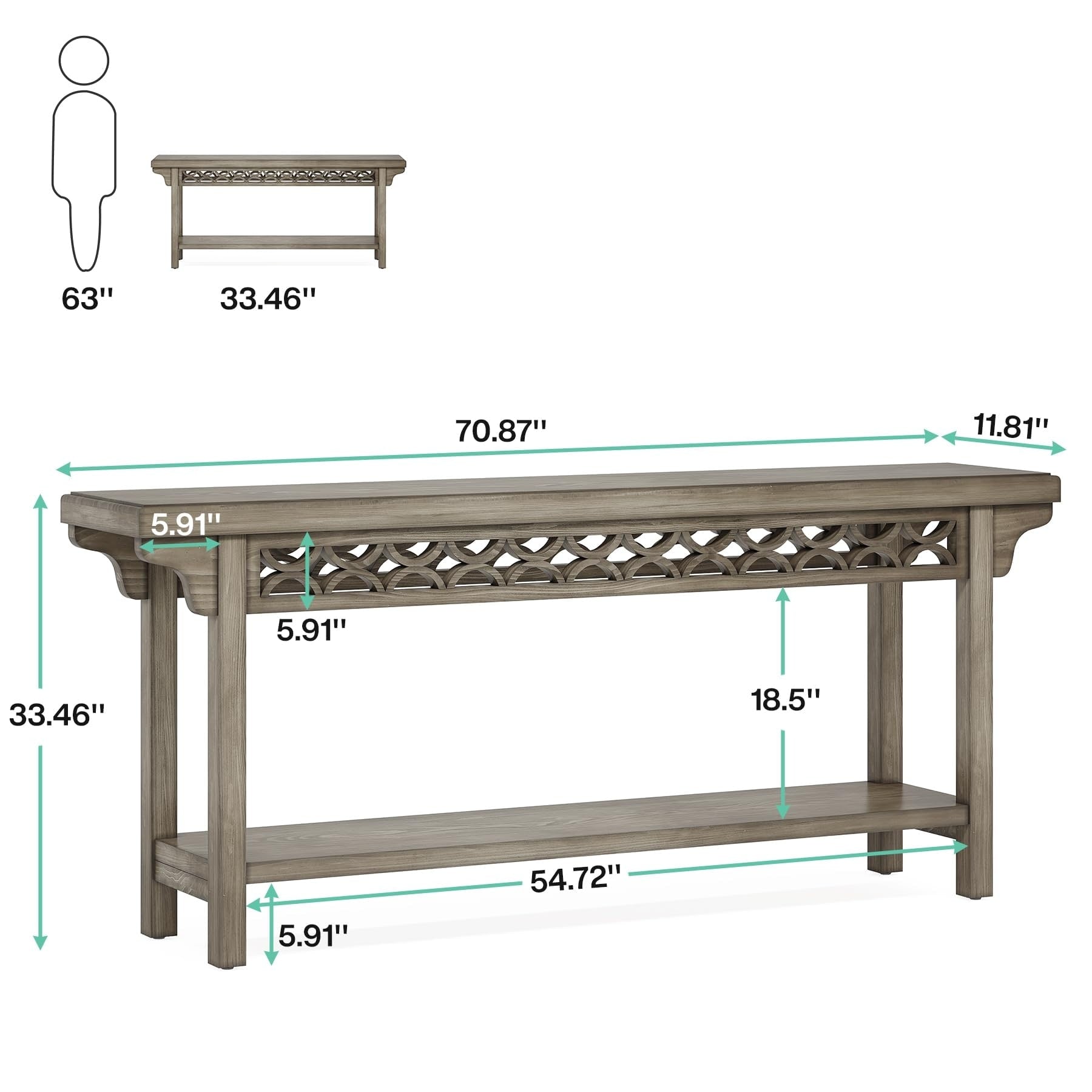 Table console longue en bois massif de style ferme de 70,8 pouces