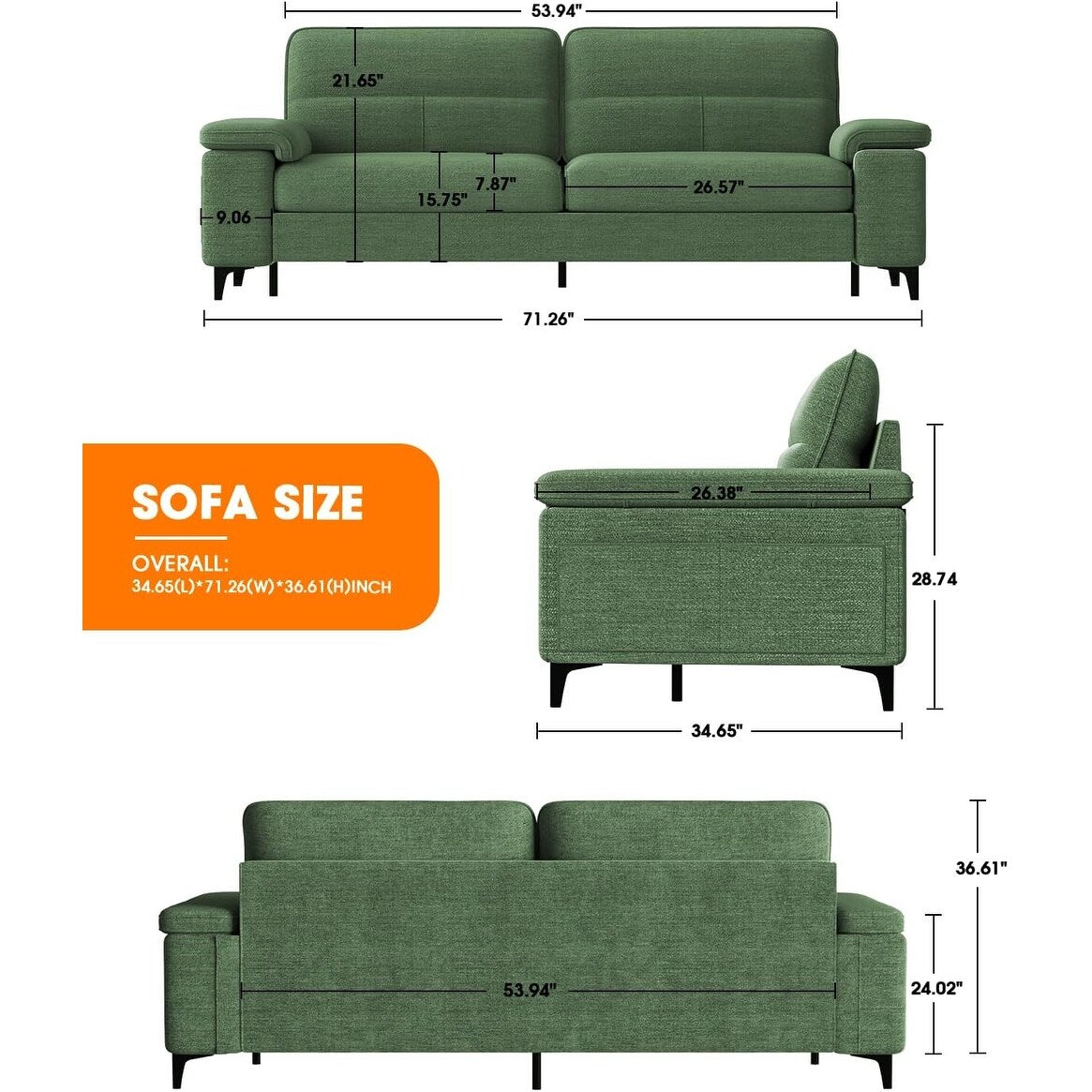 Canapé 2 places en chenille 71,25 po – Assise profonde avec coussins 8 places, accoudoirs convertibles et housse amovible