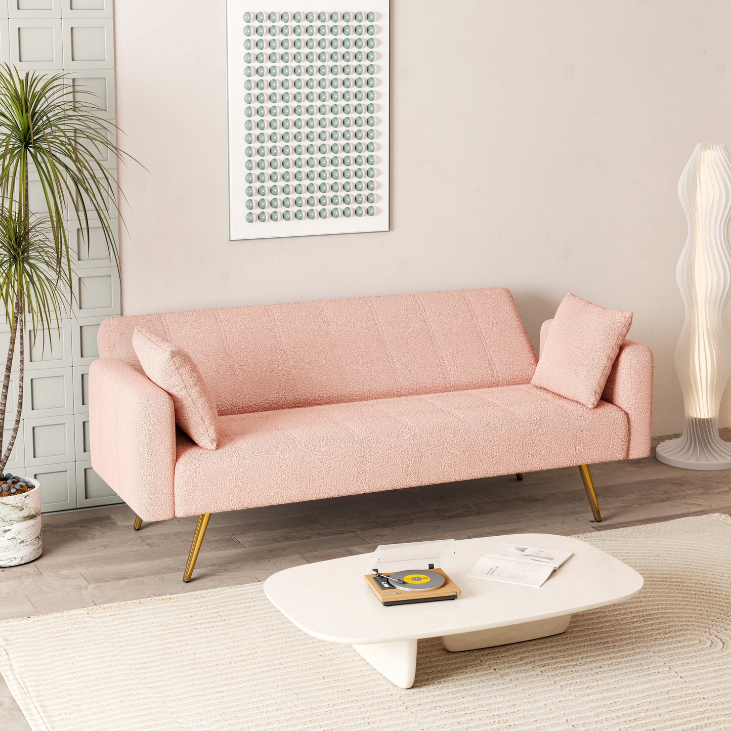 Canapé-lit en polaire rose avec deux coussins décoratifs – 31,10 x 71,70 x 31,89