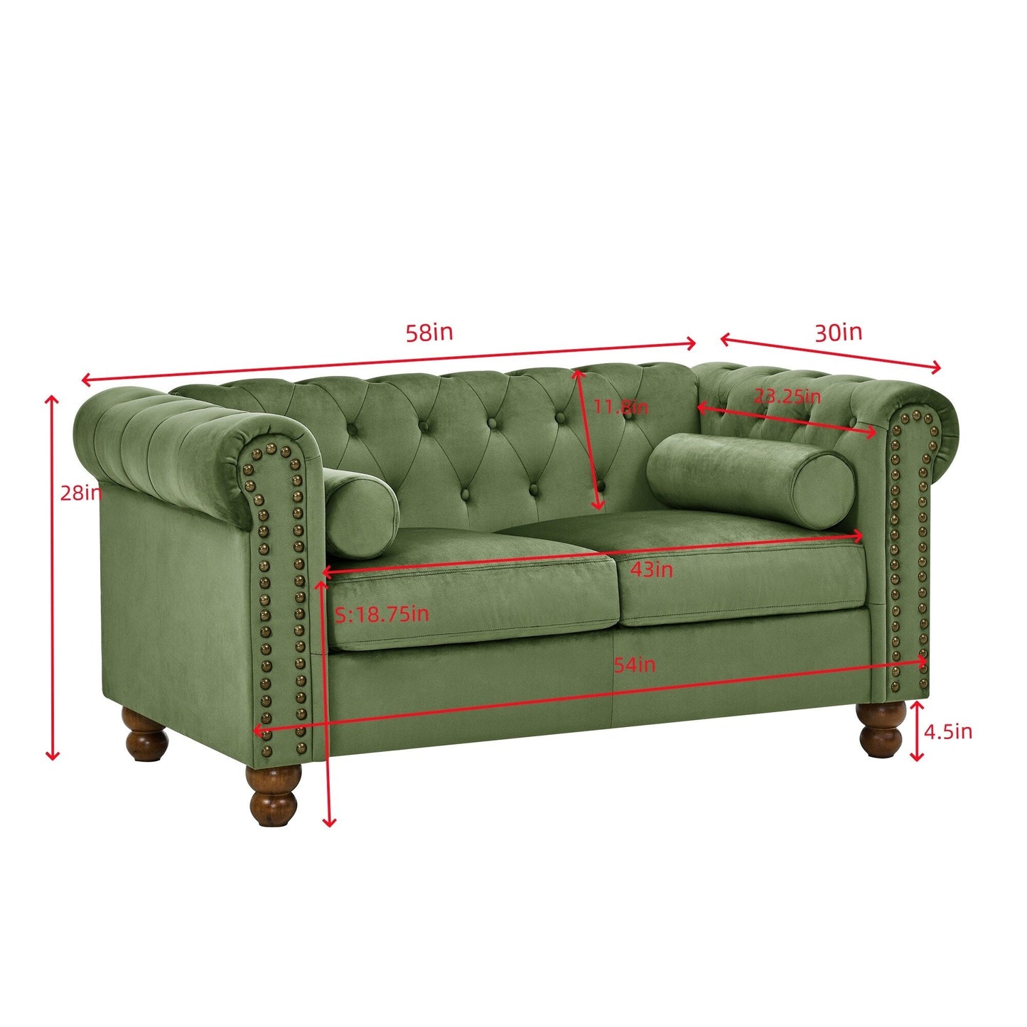 Canapé 3 places en velours de 74,5 pouces avec dossier capitonné, clous décoratifs et pieds tournés, mobilier de salon moderne