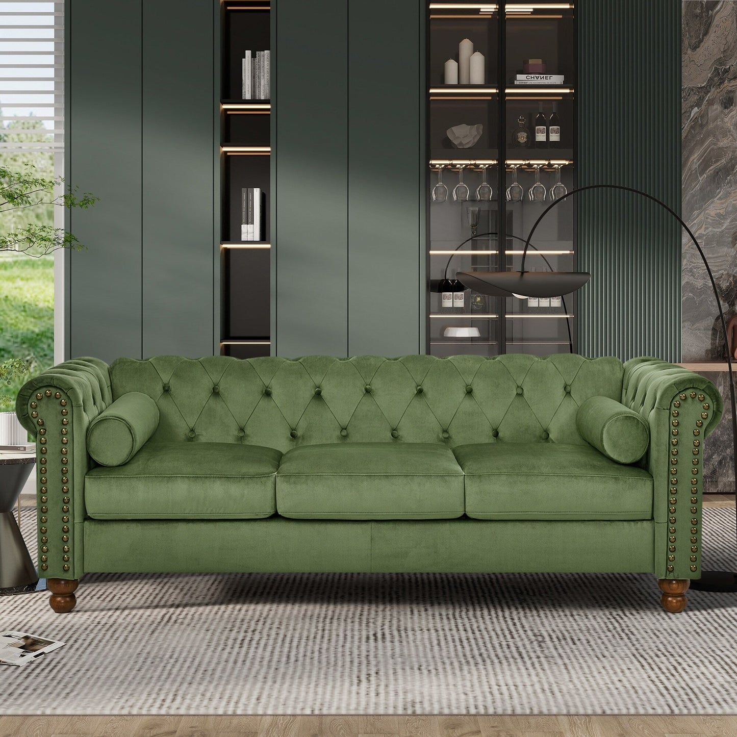 Canapé 3 places en velours de 74,5 pouces avec dossier capitonné, clous décoratifs et pieds tournés, mobilier de salon moderne