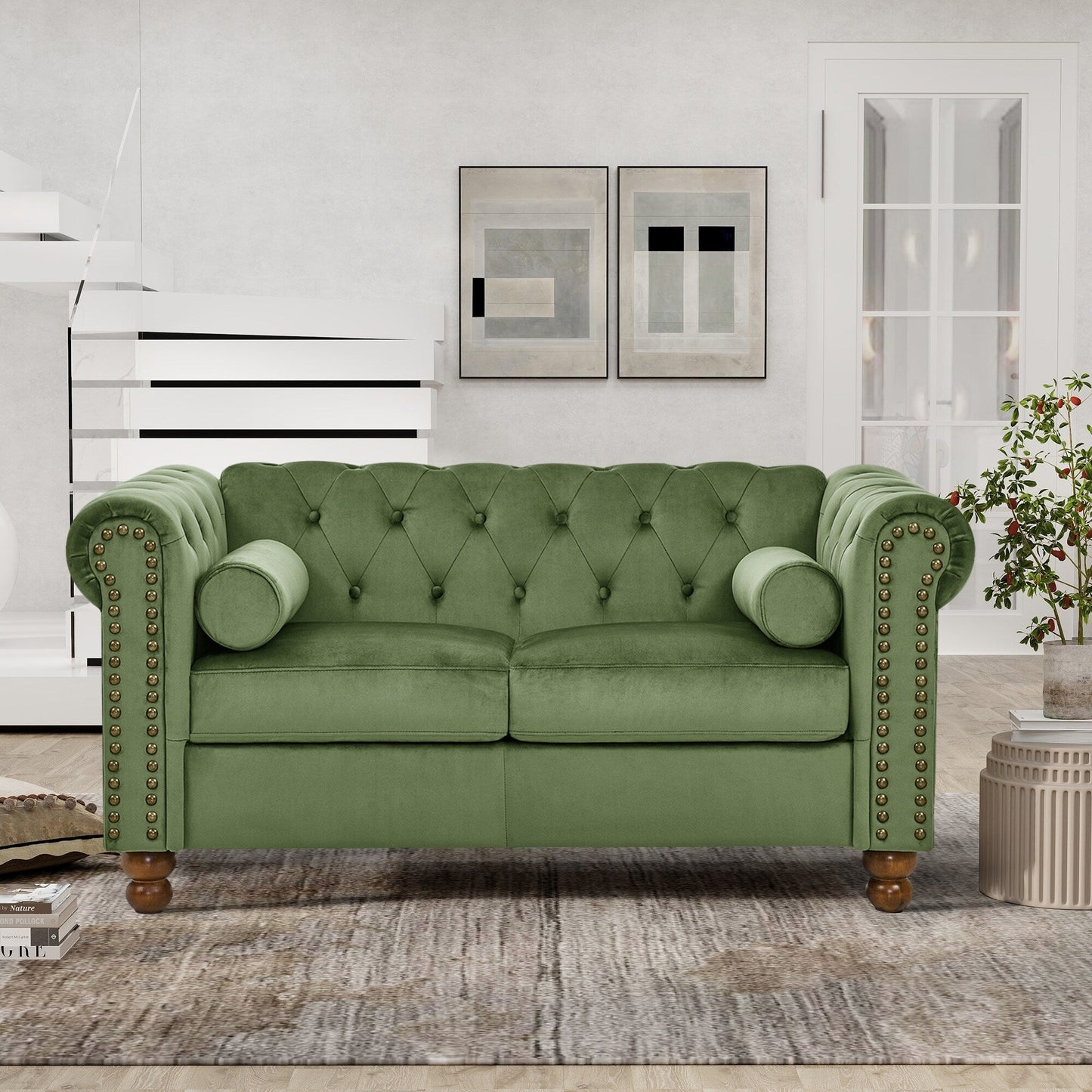 Canapé 3 places en velours de 74,5 pouces avec dossier capitonné, clous décoratifs et pieds tournés, mobilier de salon moderne