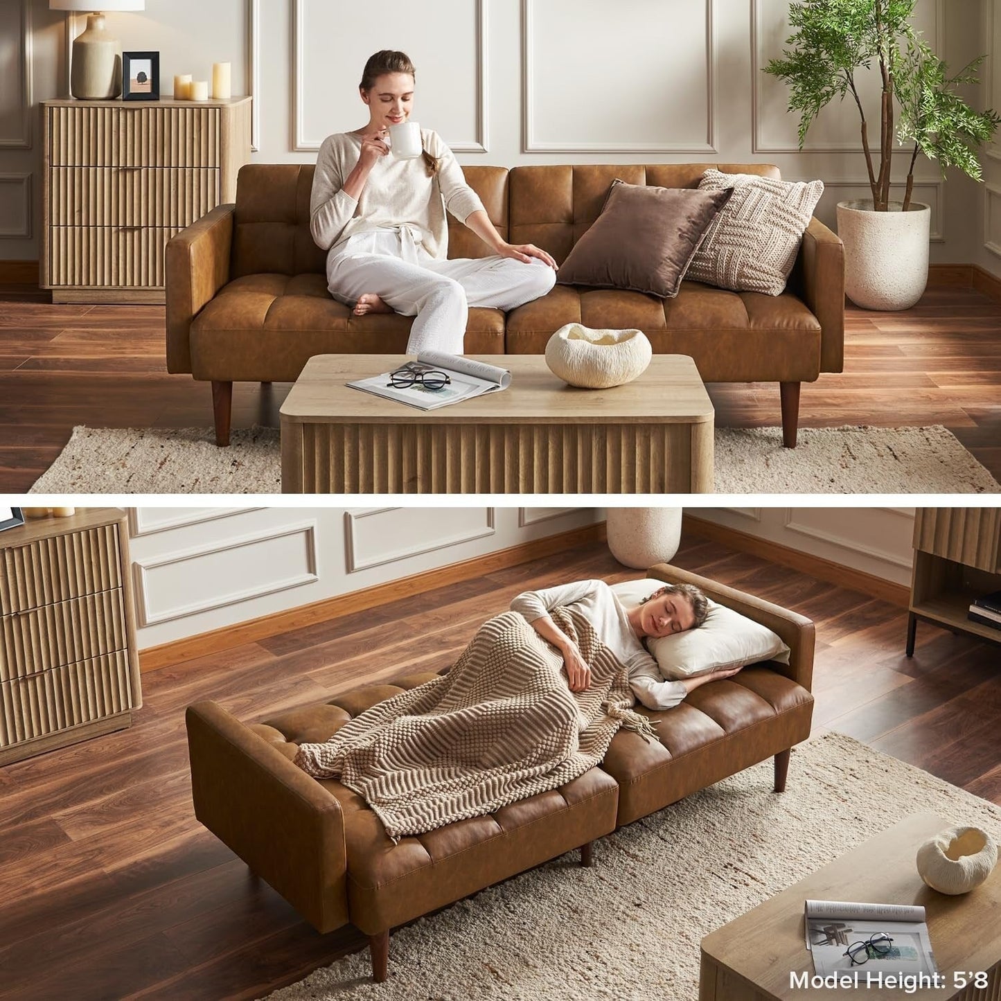 Canapé-lit futon Mid-Century 76,8 po – Canapé-lit convertible pour salon et chambre, similicuir marron pécan