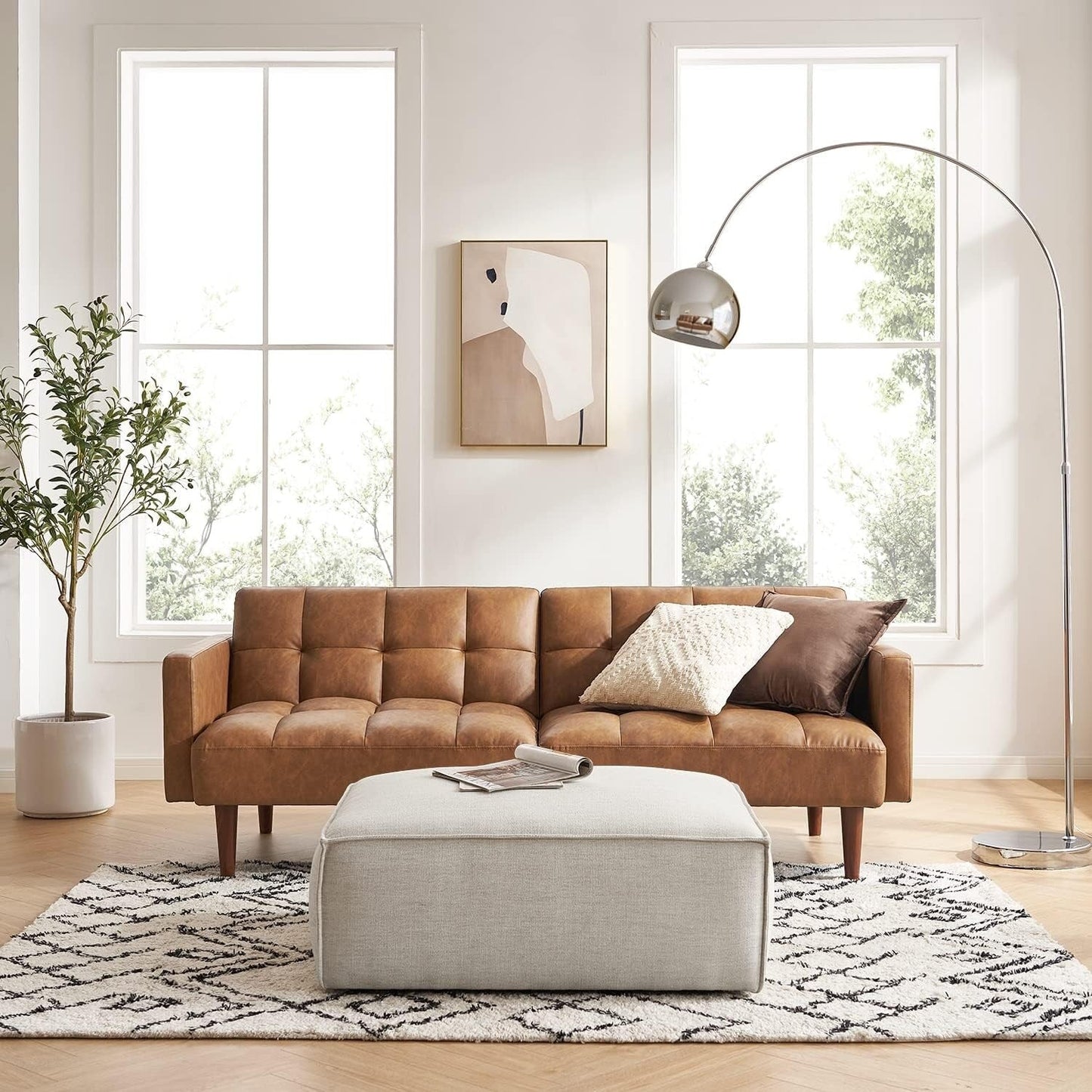 Canapé-lit futon Mid-Century 76,8 po – Canapé-lit convertible pour salon et chambre, similicuir marron pécan