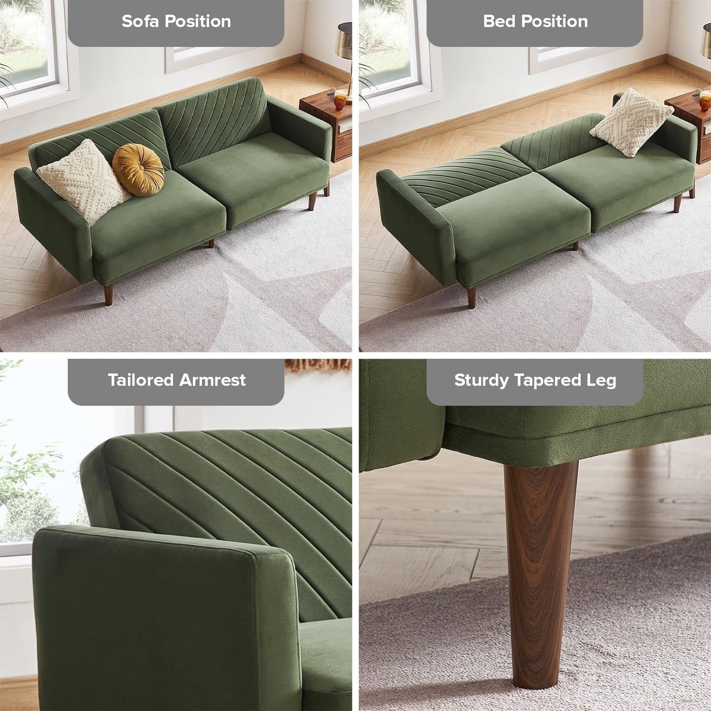 Canapé-lit futon moderne du milieu du siècle 76,8 po - Petit canapé-lit causeuse avec housse en velours de qualité supérieure pour le salon, vert olive