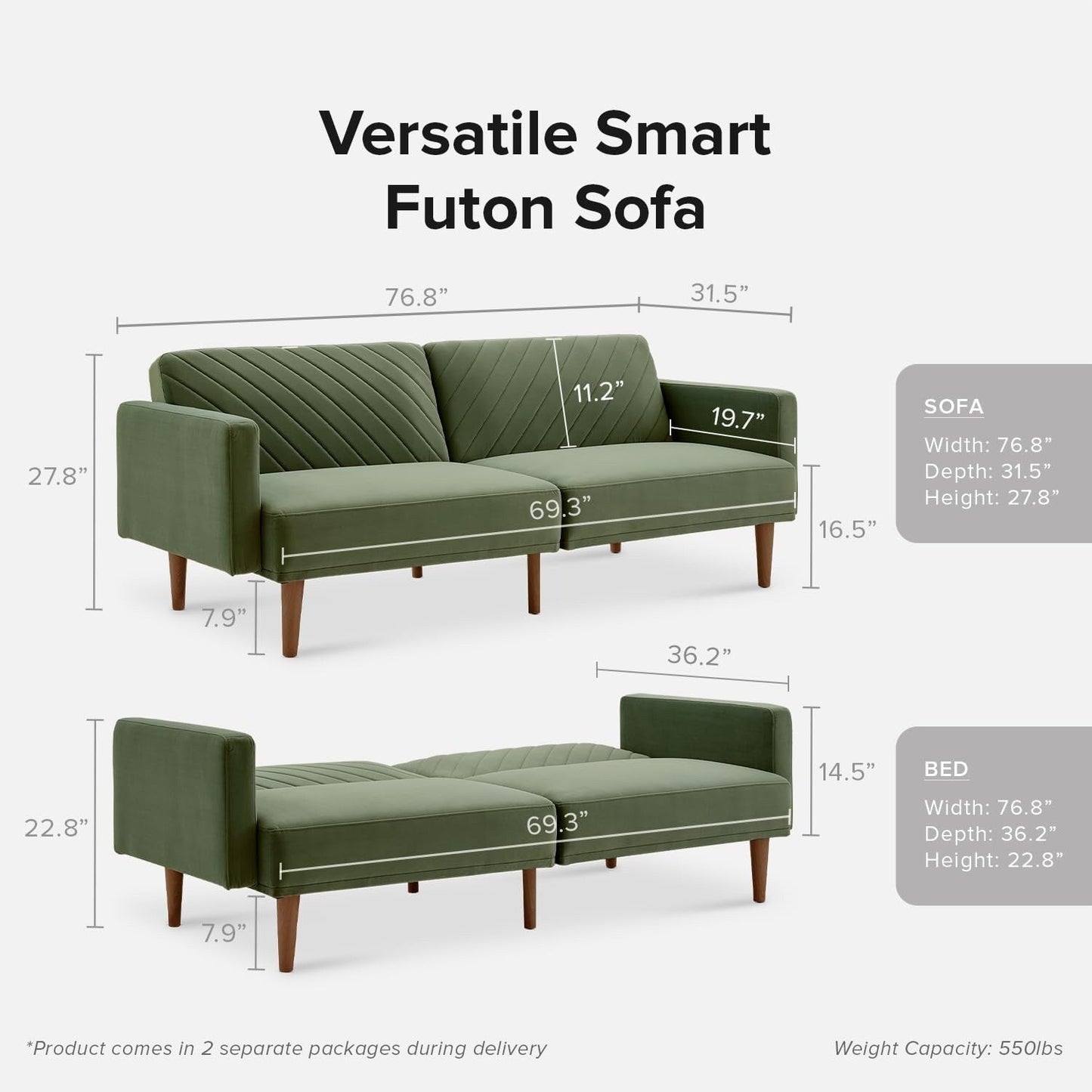 Canapé-lit futon moderne du milieu du siècle 76,8 po - Petit canapé-lit causeuse avec housse en velours de qualité supérieure pour le salon, vert olive
