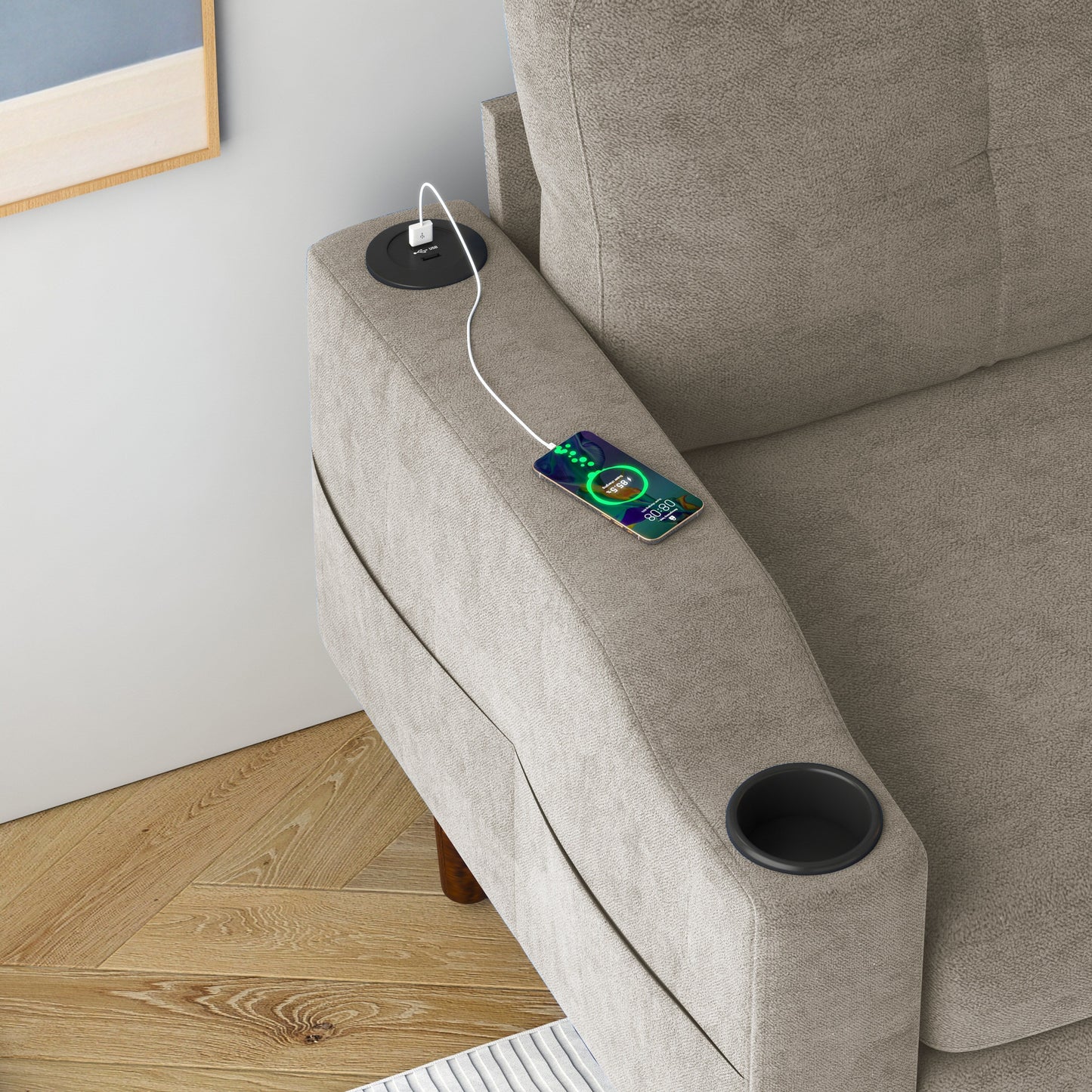 Canapé convertible en L en tissu de 78 po avec rangement, port USB et porte-gobelet – Idéal pour les petits espaces