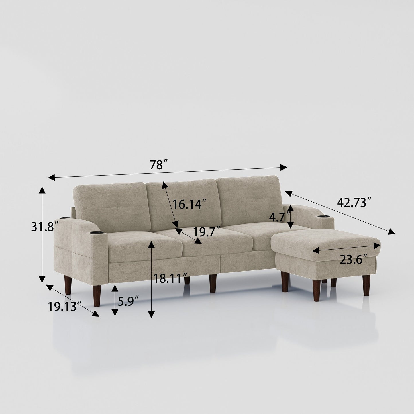 Canapé convertible en L en tissu de 78 po avec rangement, port USB et porte-gobelet – Idéal pour les petits espaces