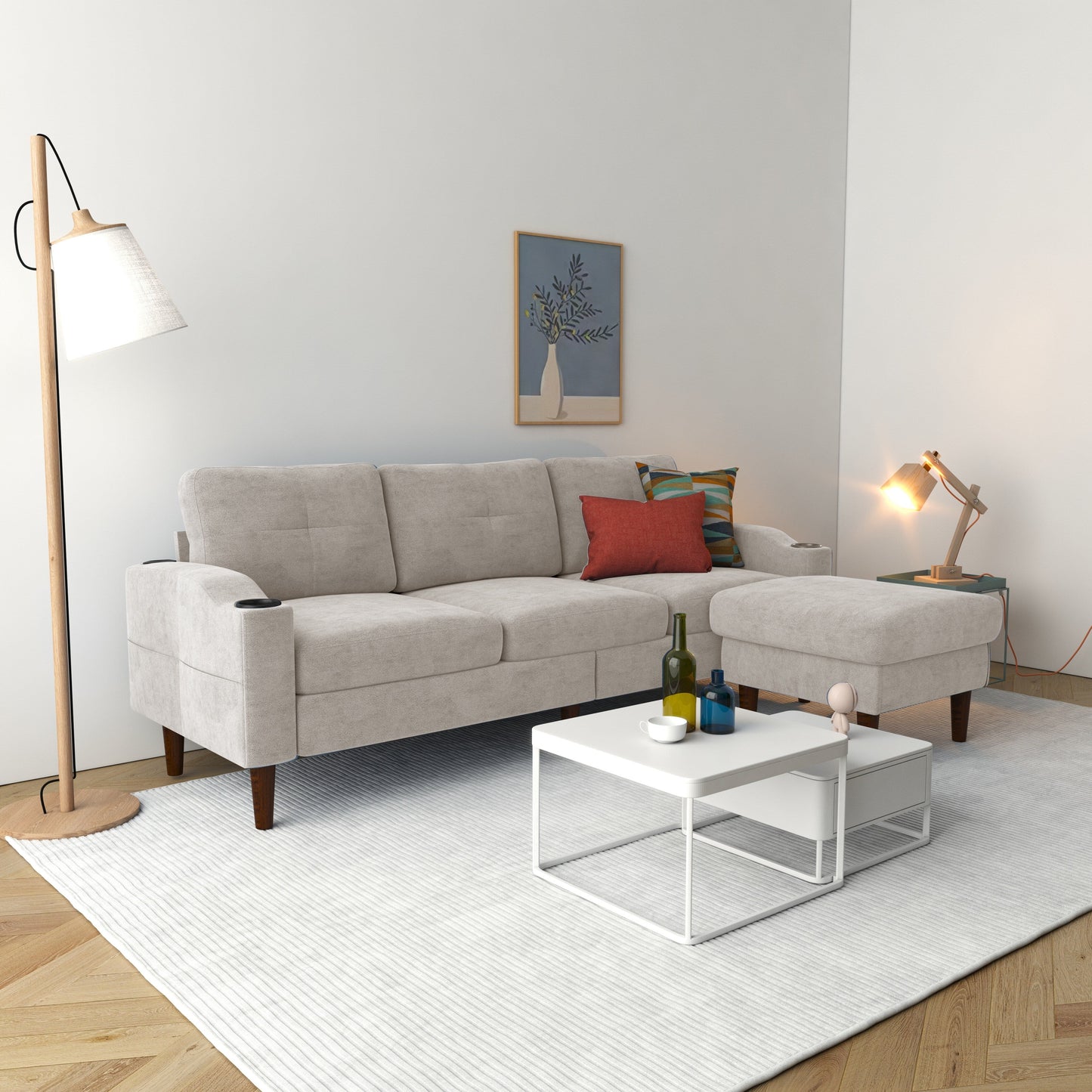 Canapé convertible en L en tissu de 78 po avec rangement, port USB et porte-gobelet – Idéal pour les petits espaces