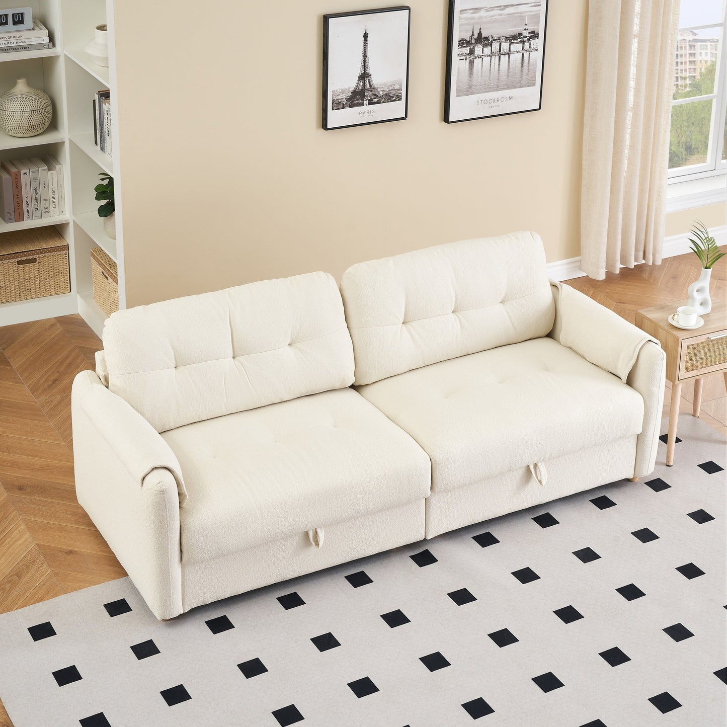 Tissu de canapé en coton et lin Teddy de 79,50 pouces de long, avec pieds longs coniques en métal, bande métallique assortie, élégant et simple