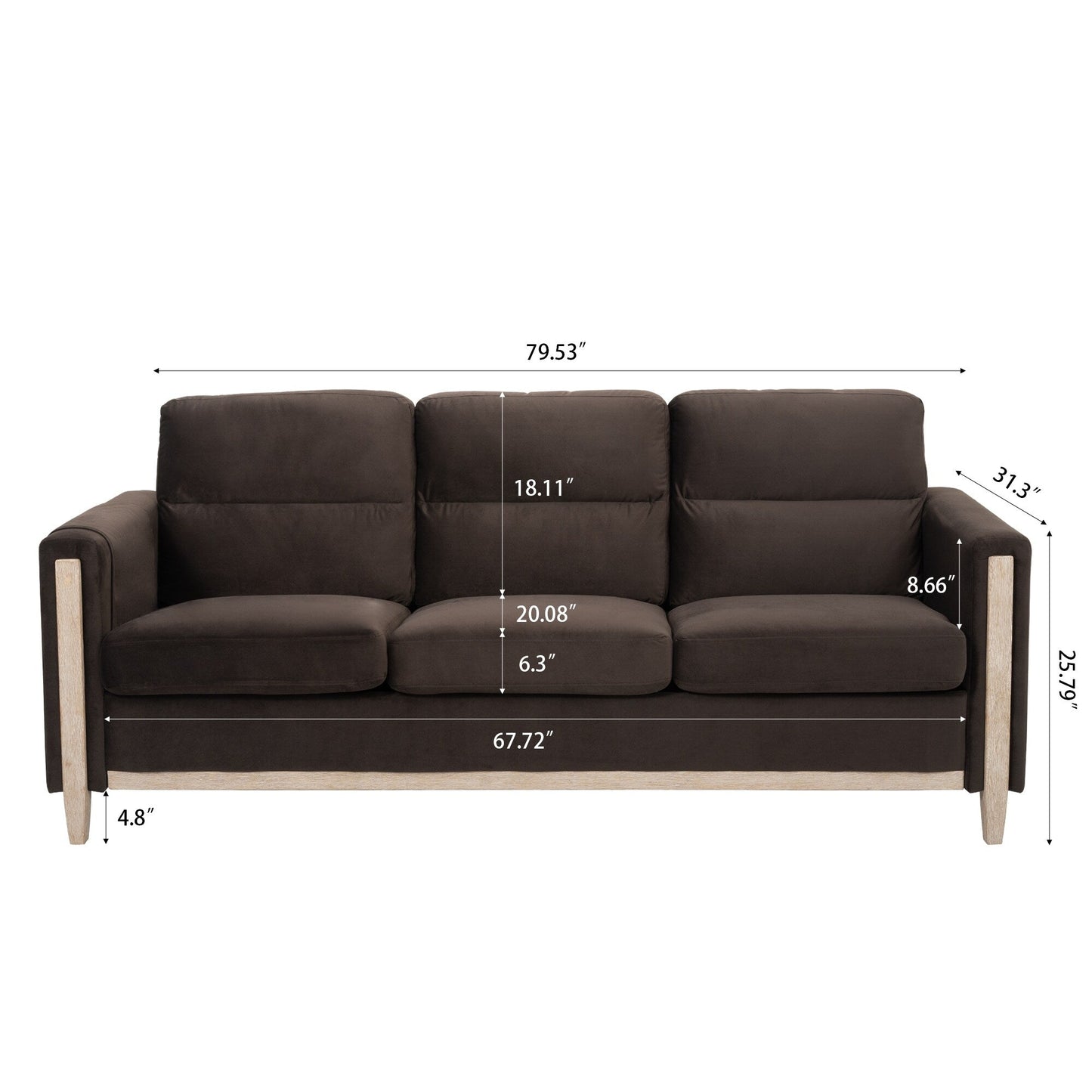 Canapé 3 places en velours massif 79,5 avec assise à ressorts ensachés, dossier en mousse PP et poche de rangement latérale