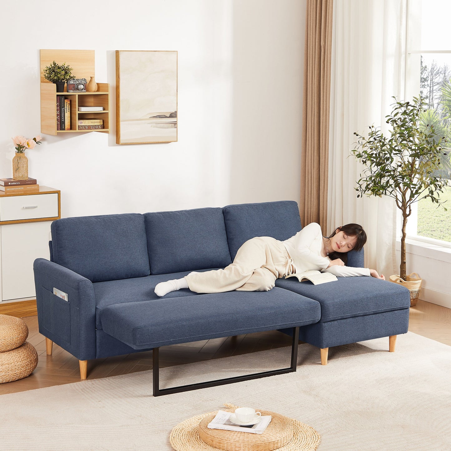Canapé 3 places en tissu réglable en forme de L de 79,5 po avec lit gigogne et méridienne de rangement