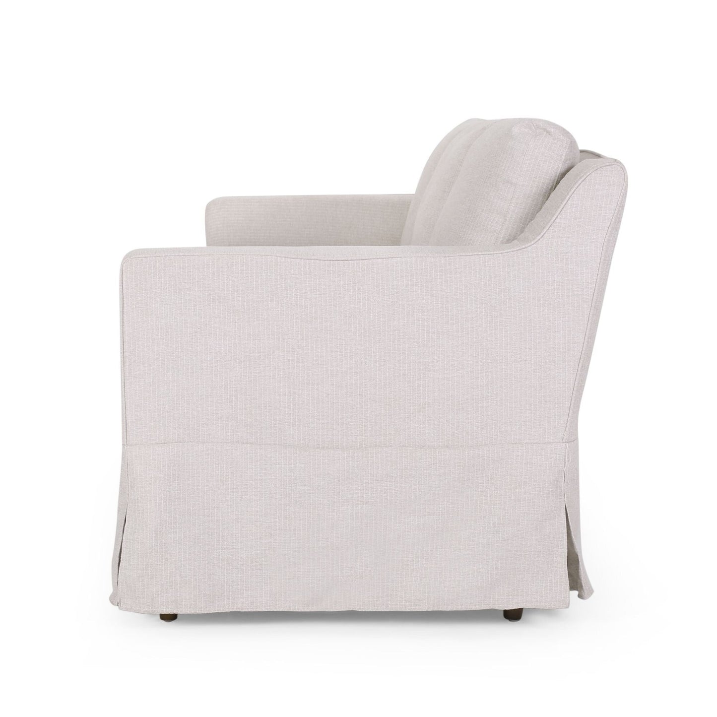Canapé 3 places en tissu rayé avec accoudoirs encastrés et jupe pour salon