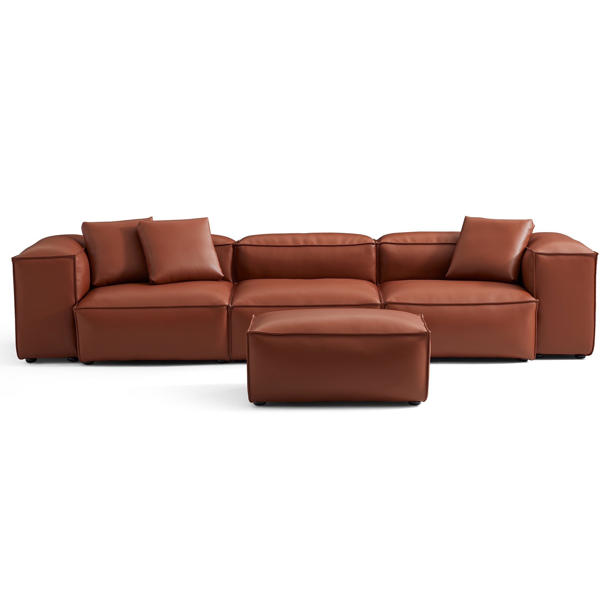 Cube Modular Brown Genuine Leather Sofa with Ottoman