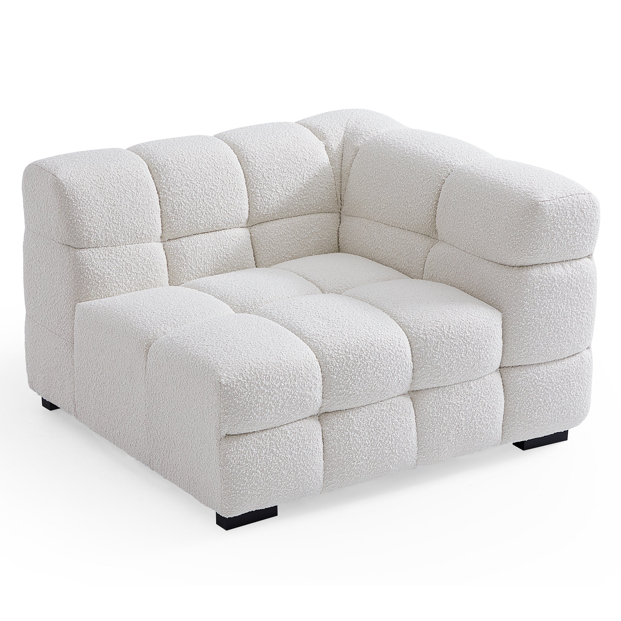 Cushy White Boucle Fabric Tufted Sofa With Ottoman