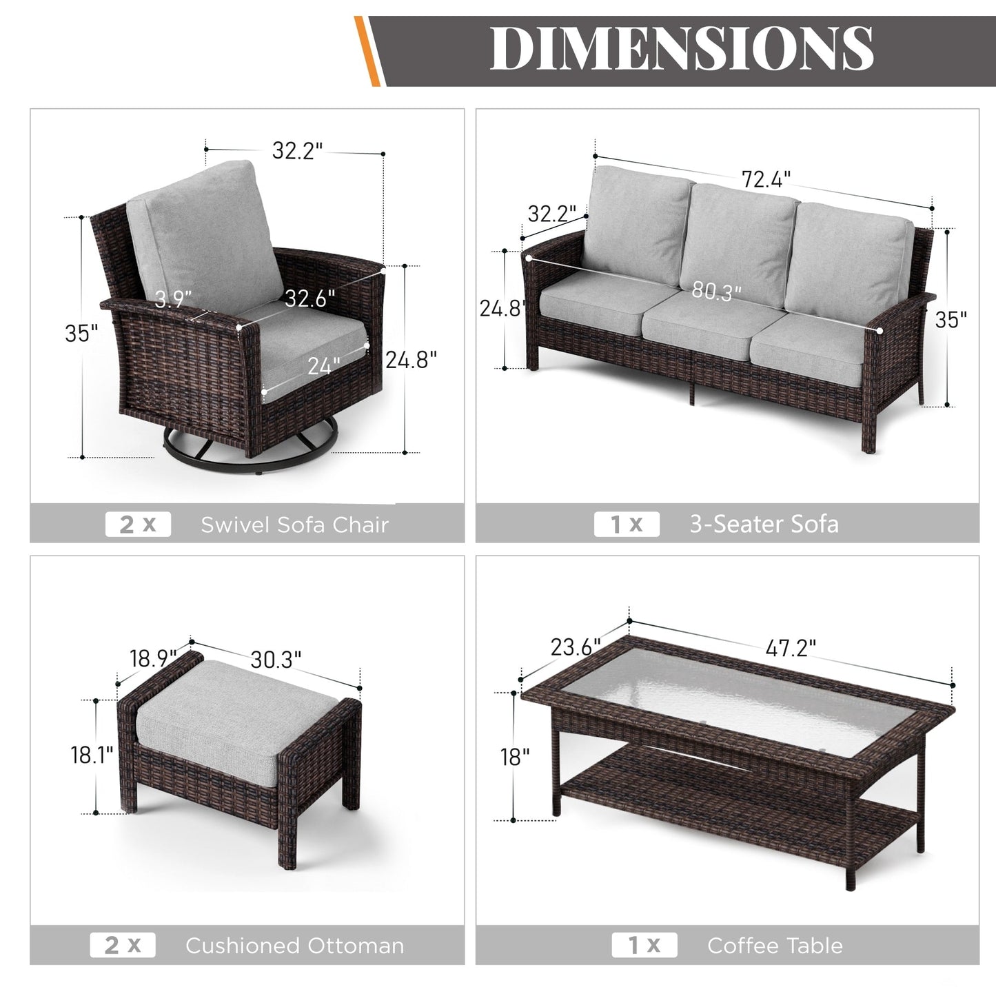 MAISON ARTS Ensemble de canapé de patio extra-large en osier avec table basse, siège surdimensionné avec coussin rembourré de 5,5 pouces d'épaisseur