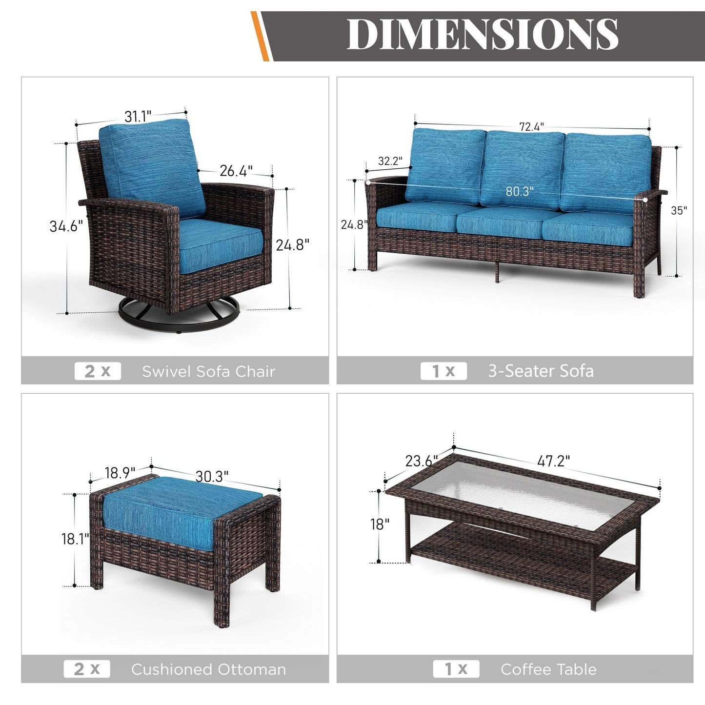 MAISON ARTS Ensemble de canapé de patio extra-large en osier avec table basse, siège surdimensionné avec coussin rembourré de 5,5 pouces d'épaisseur