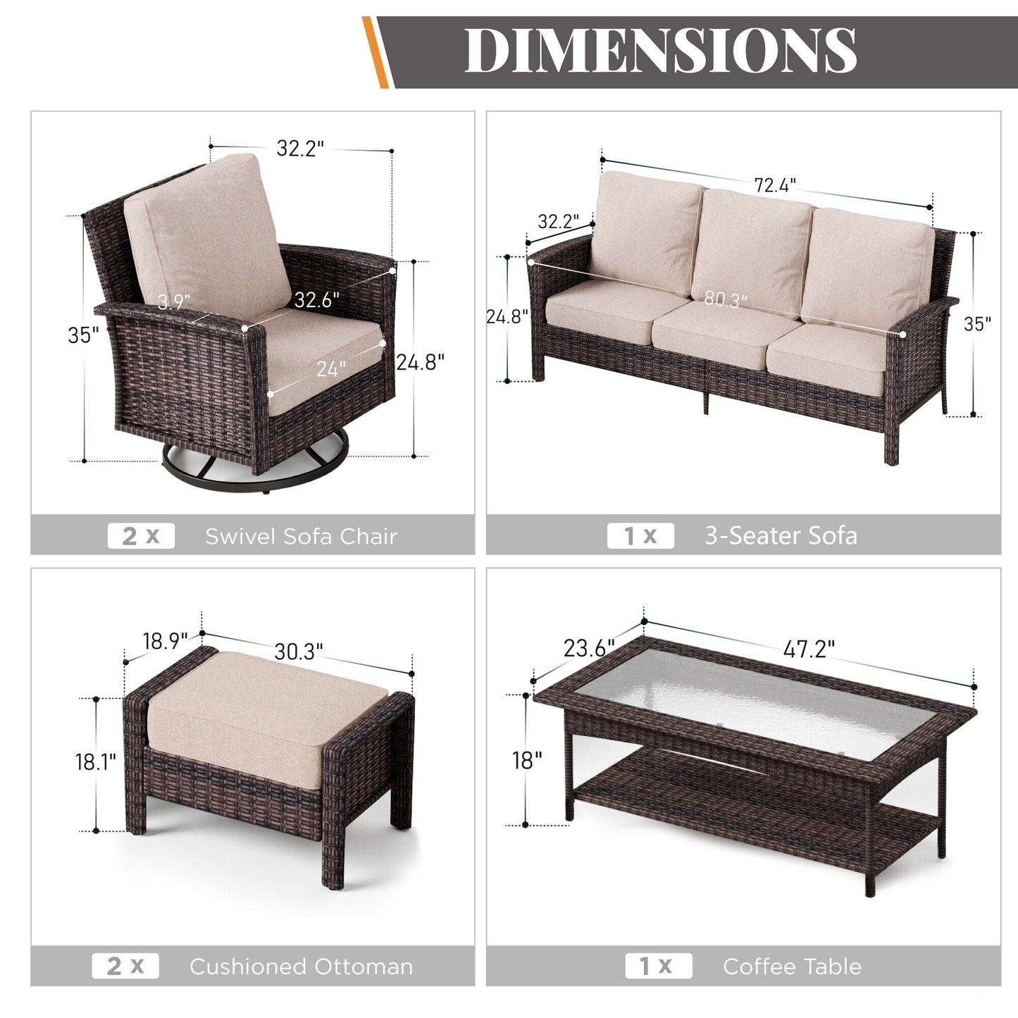 MAISON ARTS Ensemble de canapé de patio extra-large en osier avec table basse, siège surdimensionné avec coussin rembourré de 5,5 pouces d'épaisseur