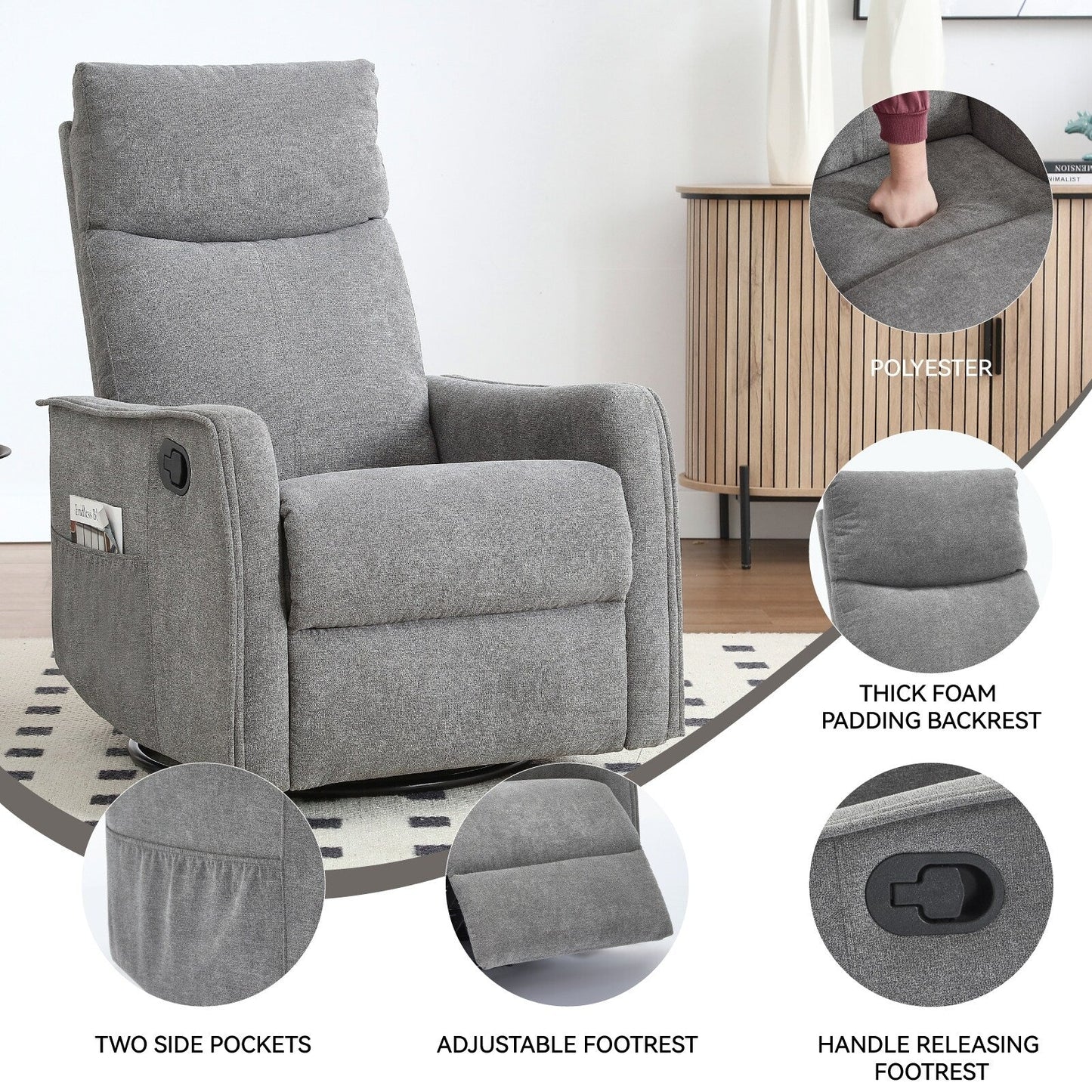 Fauteuil inclinable manuel à 8 points de massage, fauteuil à bascule pivotant en tissu, fauteuil simple avec bascule et chauffage lombaire