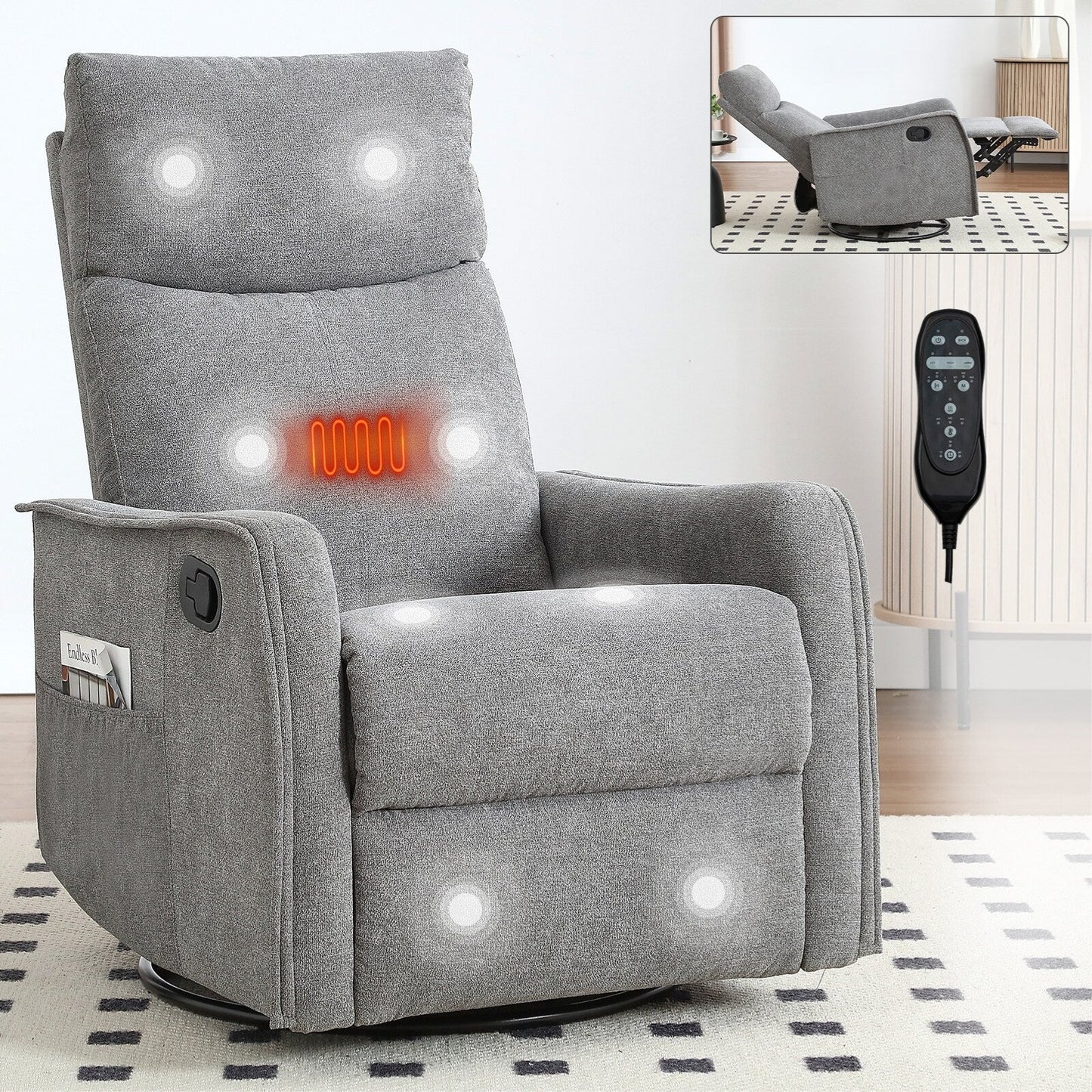 Fauteuil inclinable manuel à 8 points de massage, fauteuil à bascule pivotant en tissu, fauteuil simple avec bascule et chauffage lombaire