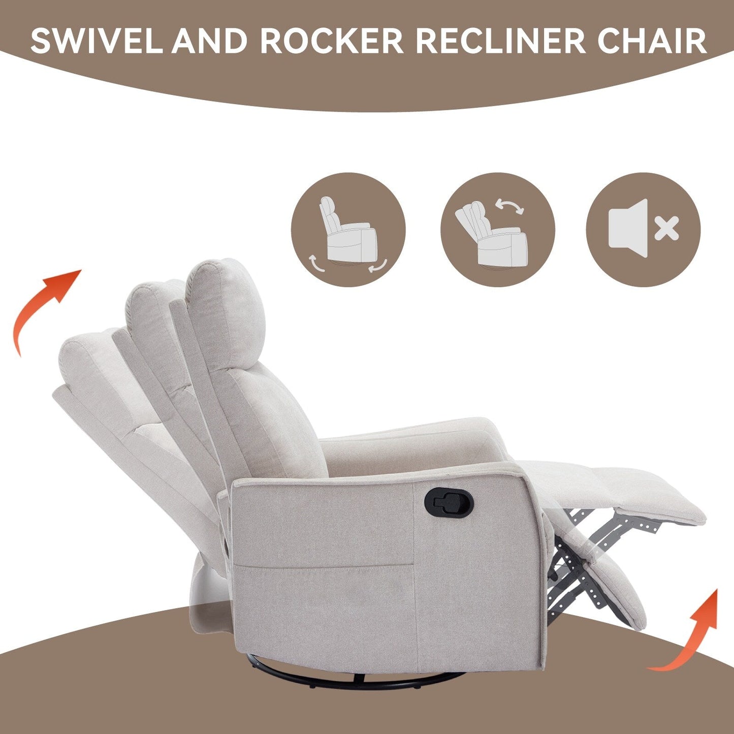 Fauteuil inclinable manuel à 8 points de massage, fauteuil à bascule pivotant en tissu, fauteuil simple avec bascule et chauffage lombaire