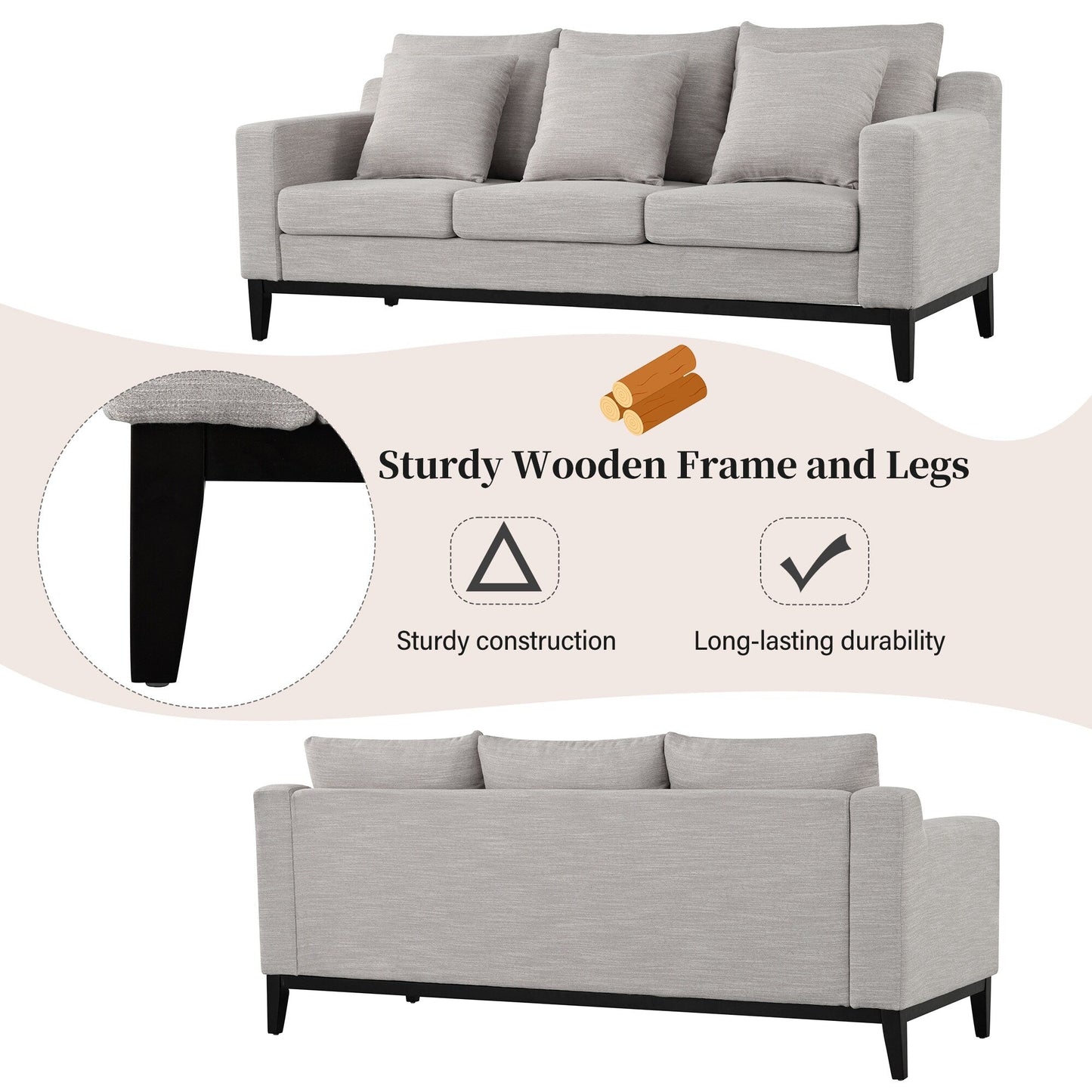 Canapé 3 places en polyester 80,5 pouces, finitions en bois massif – Confort haut de gamme pour le salon ou le bureau