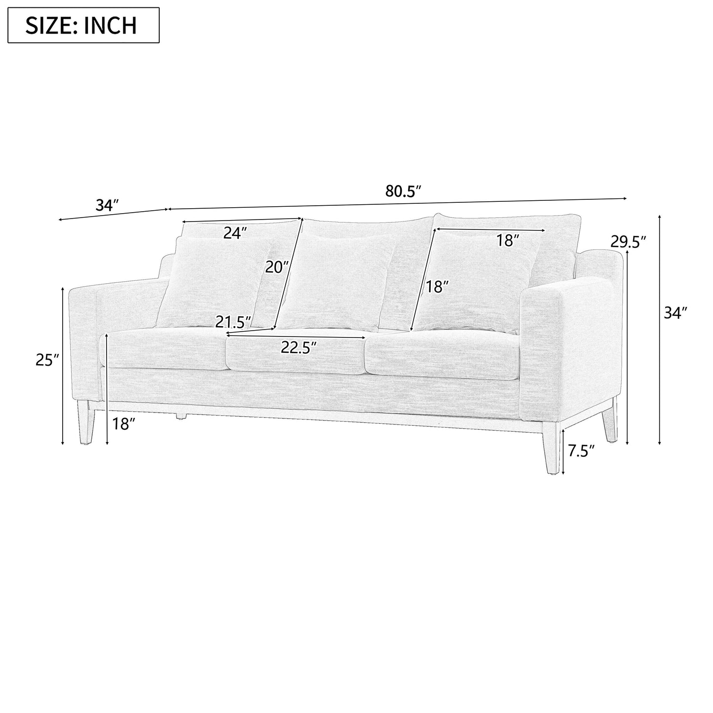 Canapé 3 places en polyester 80,5 pouces, finitions en bois massif – Confort haut de gamme pour le salon ou le bureau
