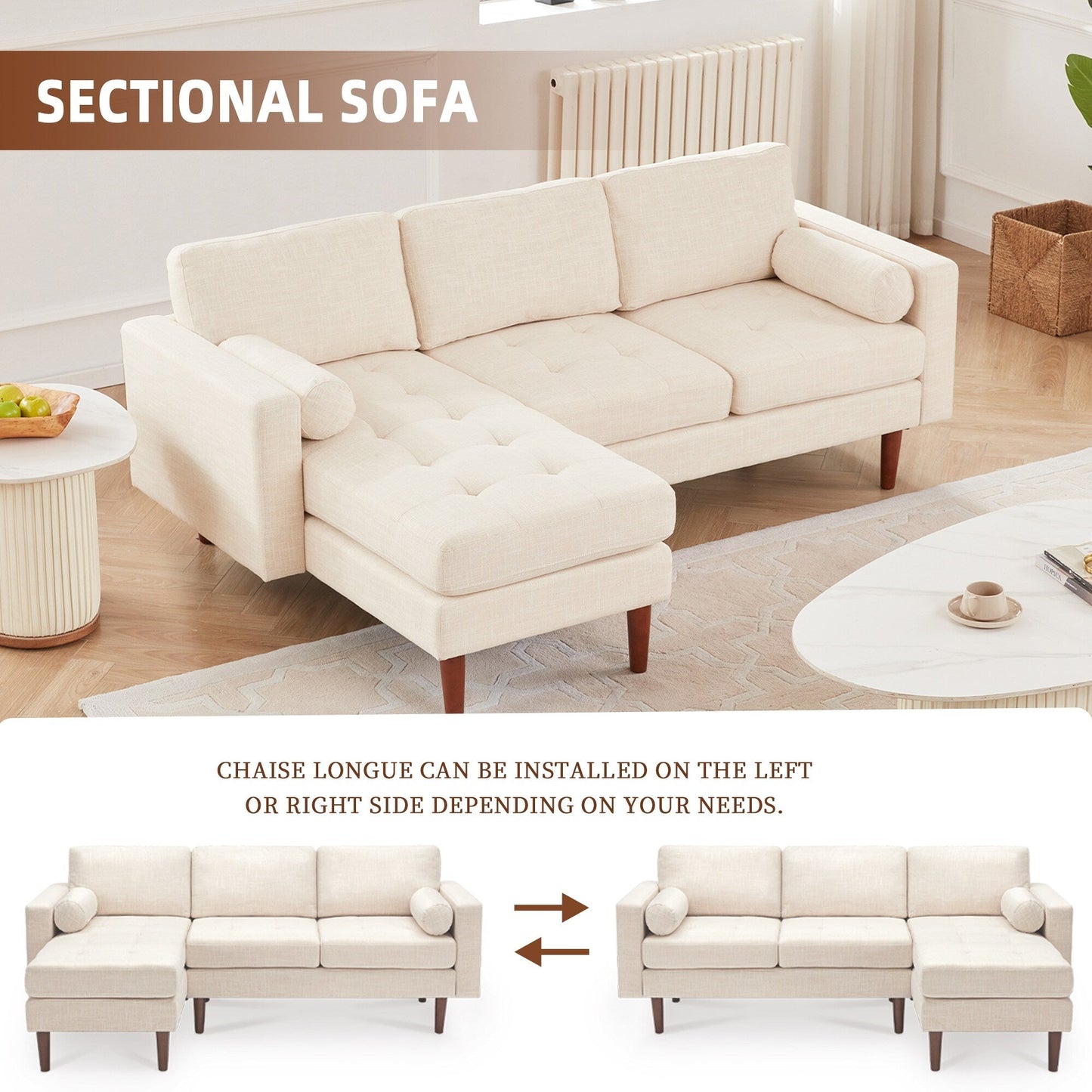 Canapé sectionnel 3 places en lin 80 avec méridienne réversible, coussin d'assise capitonné et cadre en bois robuste