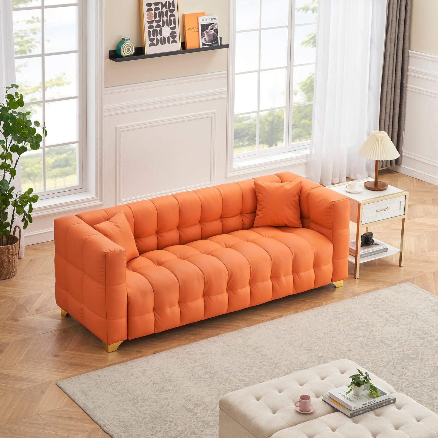 Canapé 3 places en tissu technique orange 80, imperméable, antitache et anti-pattes de chat