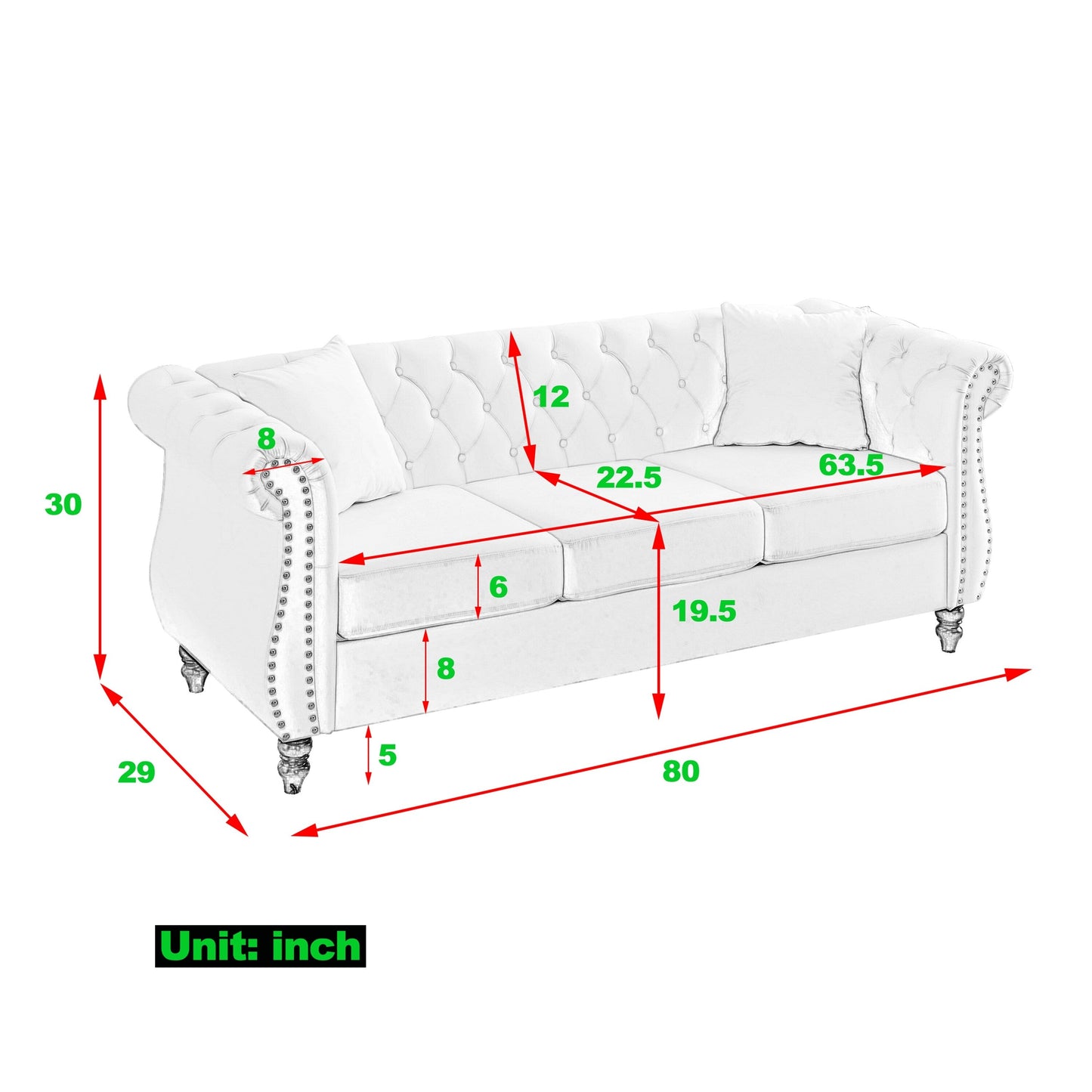 Canapé Chesterfield 3 places en velours 80 avec motif capitonné, garniture cloutée et 2 coussins