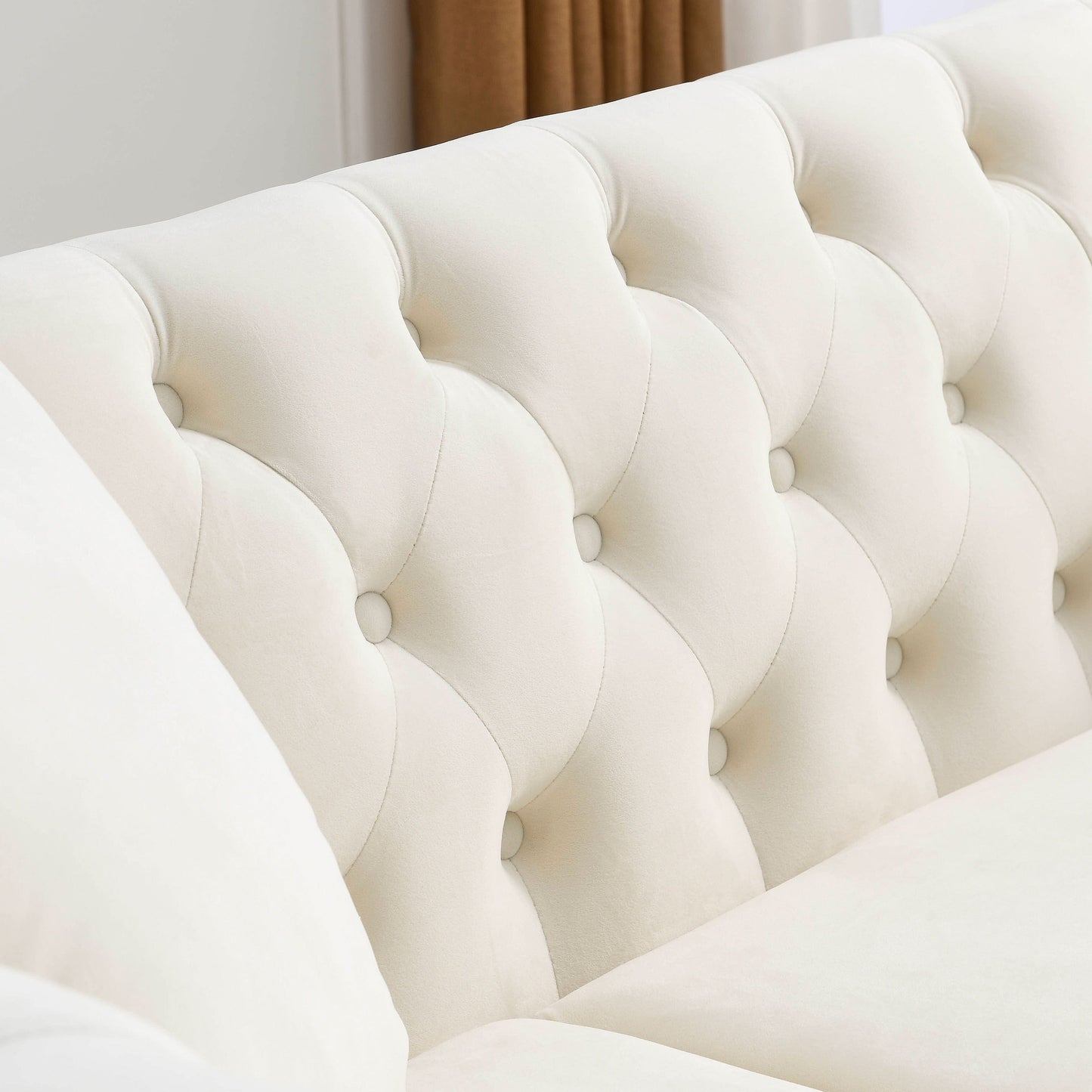 Canapé Chesterfield 3 places en velours 80 avec motif capitonné, garniture cloutée et 2 coussins