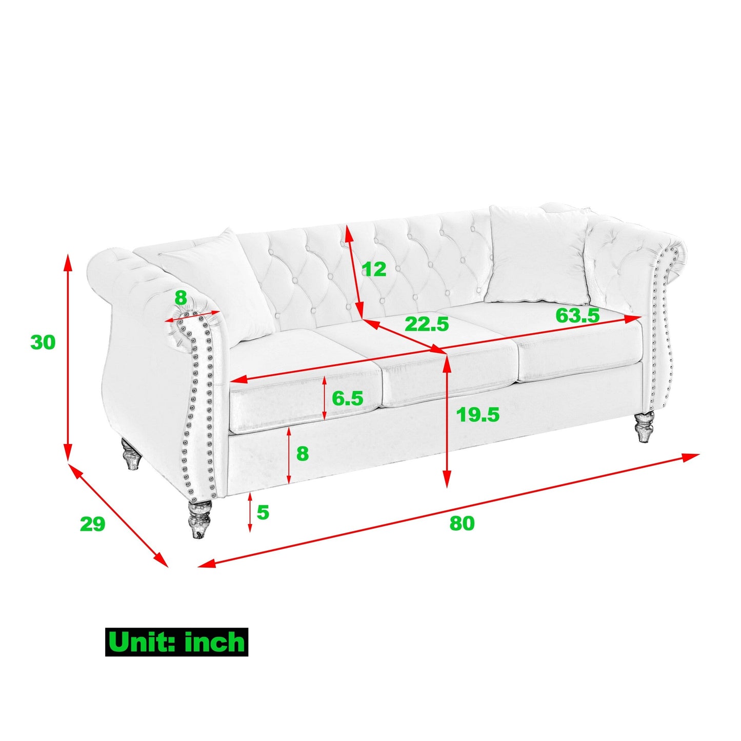 Canapé Chesterfield 3 places en velours 80 avec motif capitonné, garniture cloutée et 2 coussins
