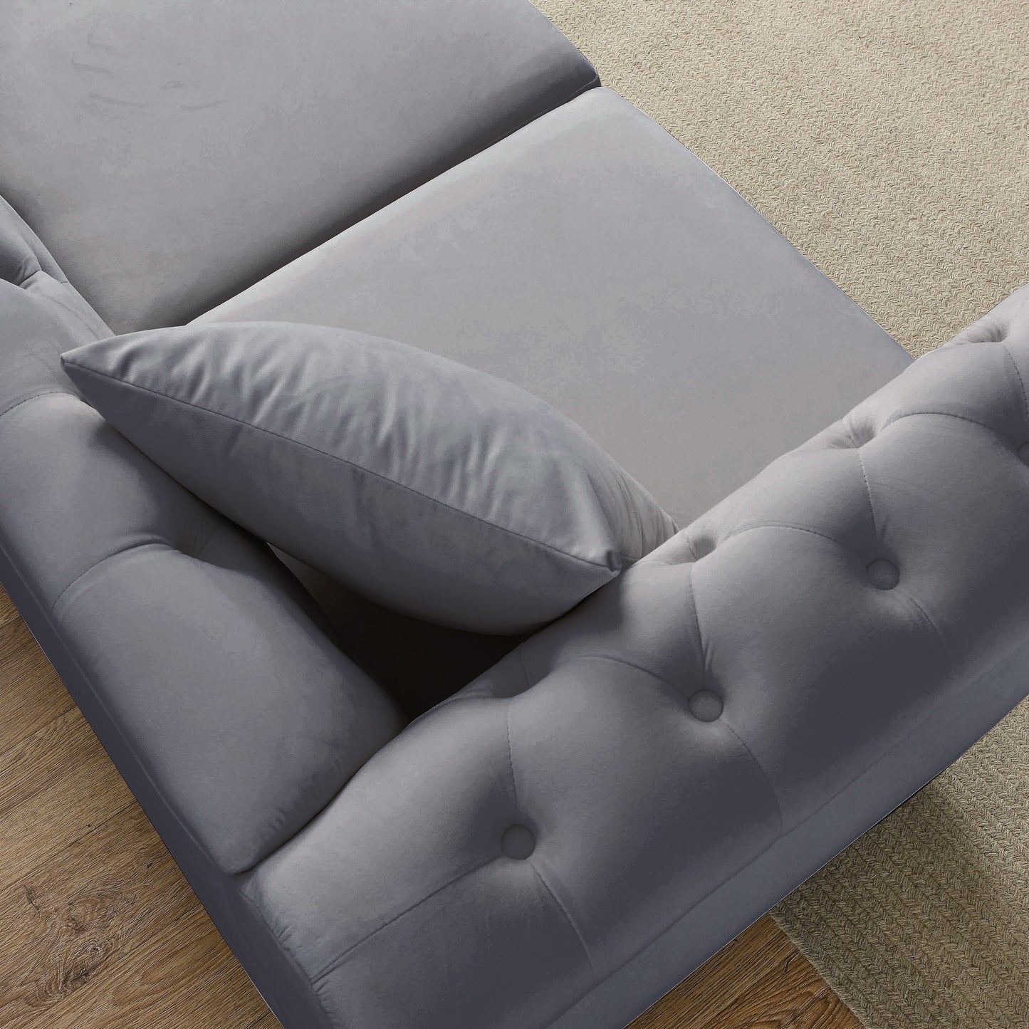 Canapé Chesterfield 3 places en velours 80 avec motif capitonné, garniture cloutée et 2 coussins