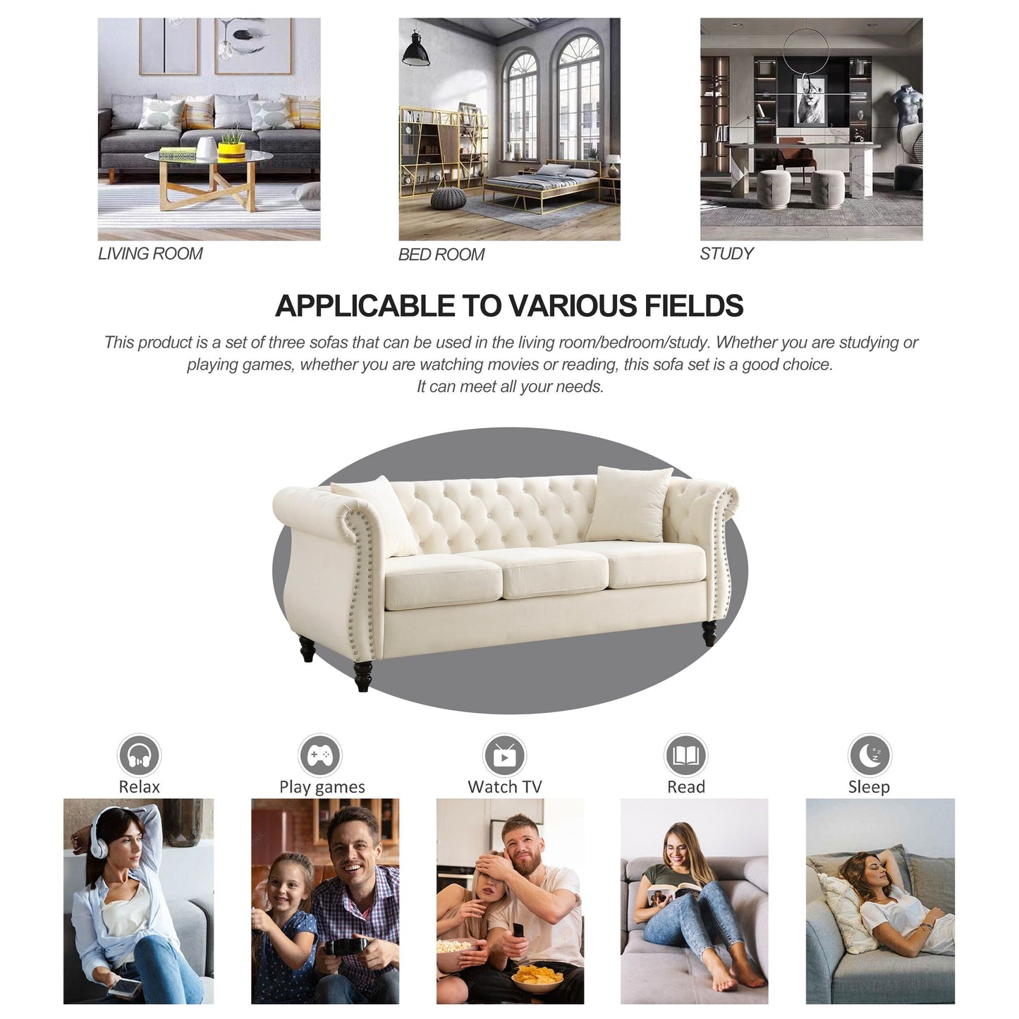 Canapé Chesterfield 3 places en velours 80 avec motif capitonné, garniture cloutée et 2 coussins