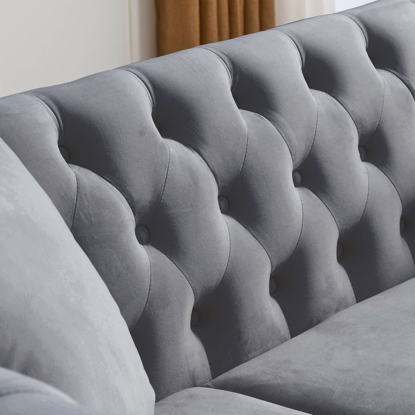 Canapé Chesterfield 3 places en velours 80 avec motif capitonné, garniture cloutée et 2 coussins