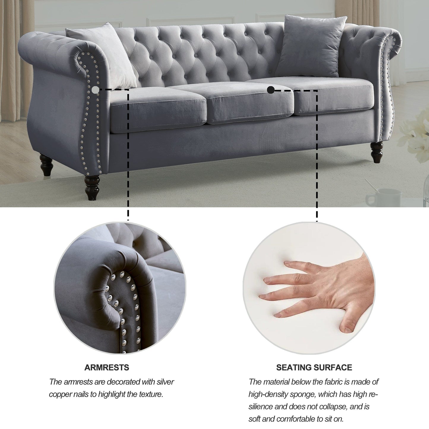 Canapé Chesterfield 3 places en velours 80 avec motif capitonné, garniture cloutée et 2 coussins
